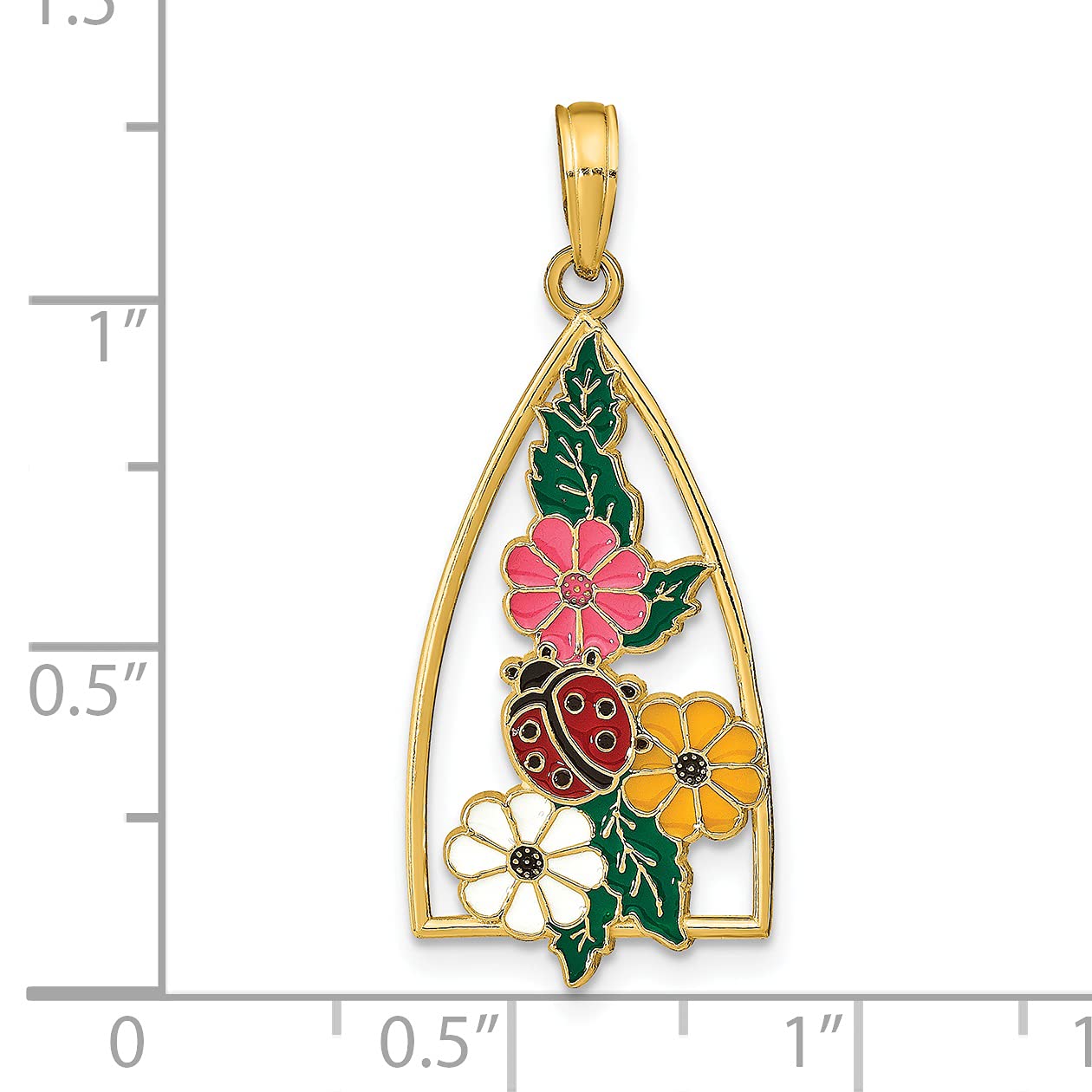 14K Yellow Gold Enameled Ladybug & Floral Triangle Pendant Necklace - 29mm Dainty Jewelry for Women, Perfect Gift for Birthday, Anniversary & Valentine's Day