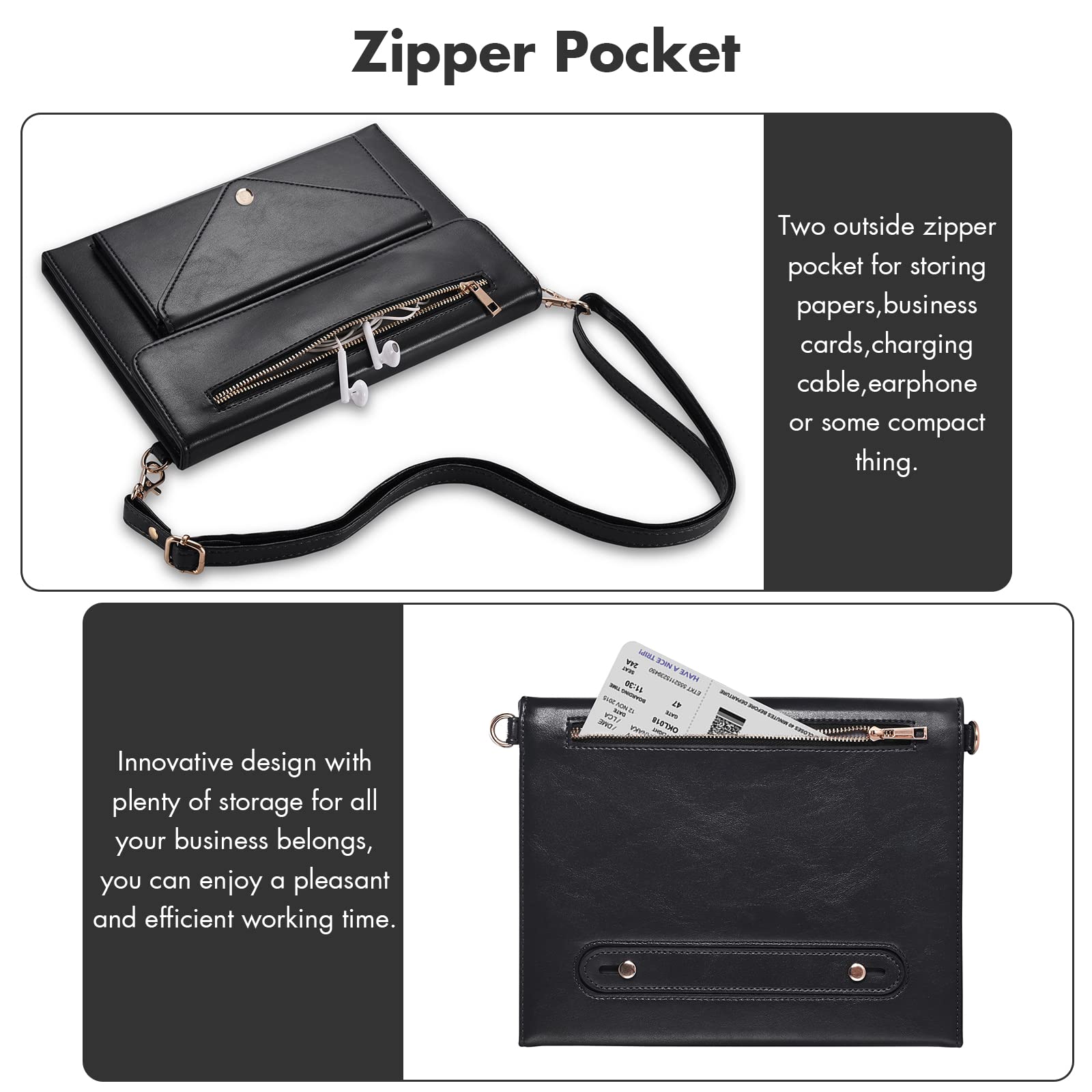 Dteck Premium PU Leather iPad Pro 11 Inch Case (1st-4th Gen) & iPad Air 11 Inch Case (4th-5th Gen) - Flip Stand Cover with Pencil Holder, Zipper Pocket & Strap - Protective Wallet Case in Black | Perfect for Business, Travel & Daily Use