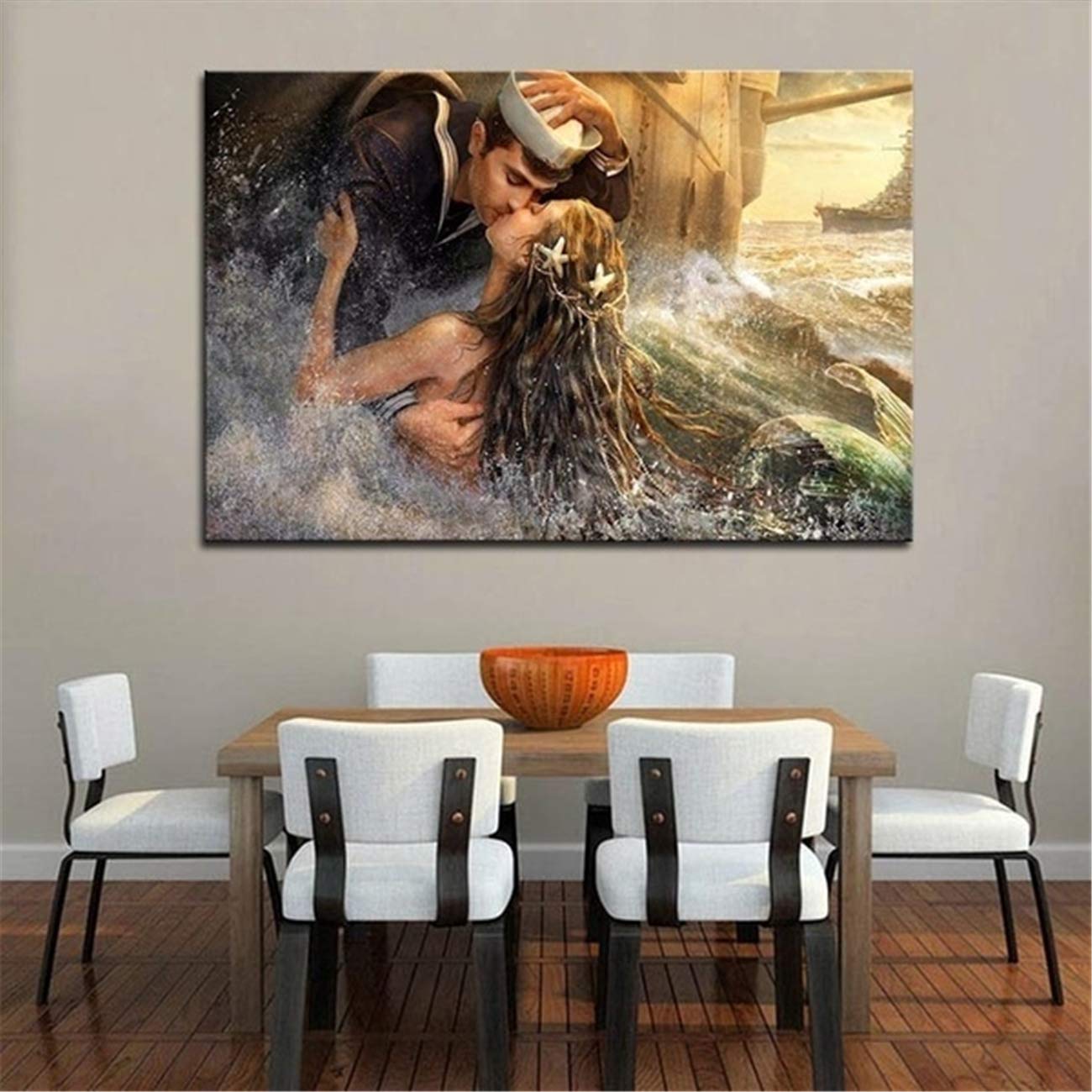NATVVA Sea Ships Sailor Mermaid Kiss Canvas Wall Art - Ocean Themed Painting for Home Decor, Living Room, Bedroom & Office - Unframed Poster Print Gift Idea for Beach House & Nautical Lovers