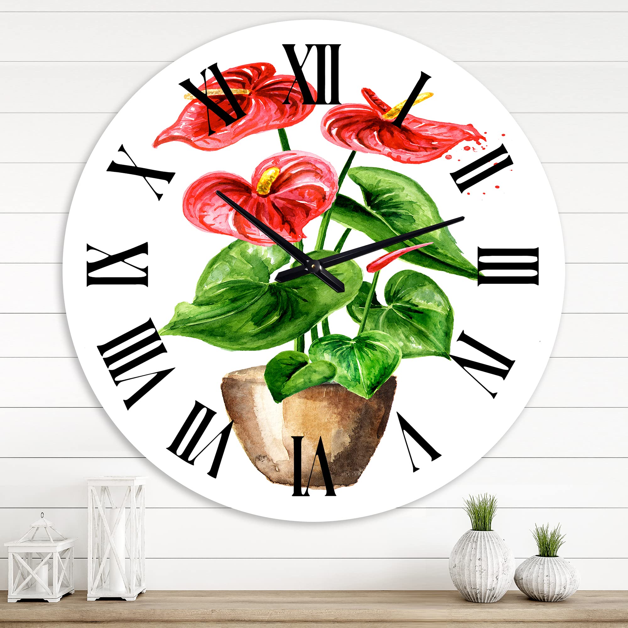 Large Floral Wall Clock with Anthurium Tailflower Design - Elegant Home Decor for Bedroom, Living Room & Office | Silent Non-Ticking Modern Round Clock