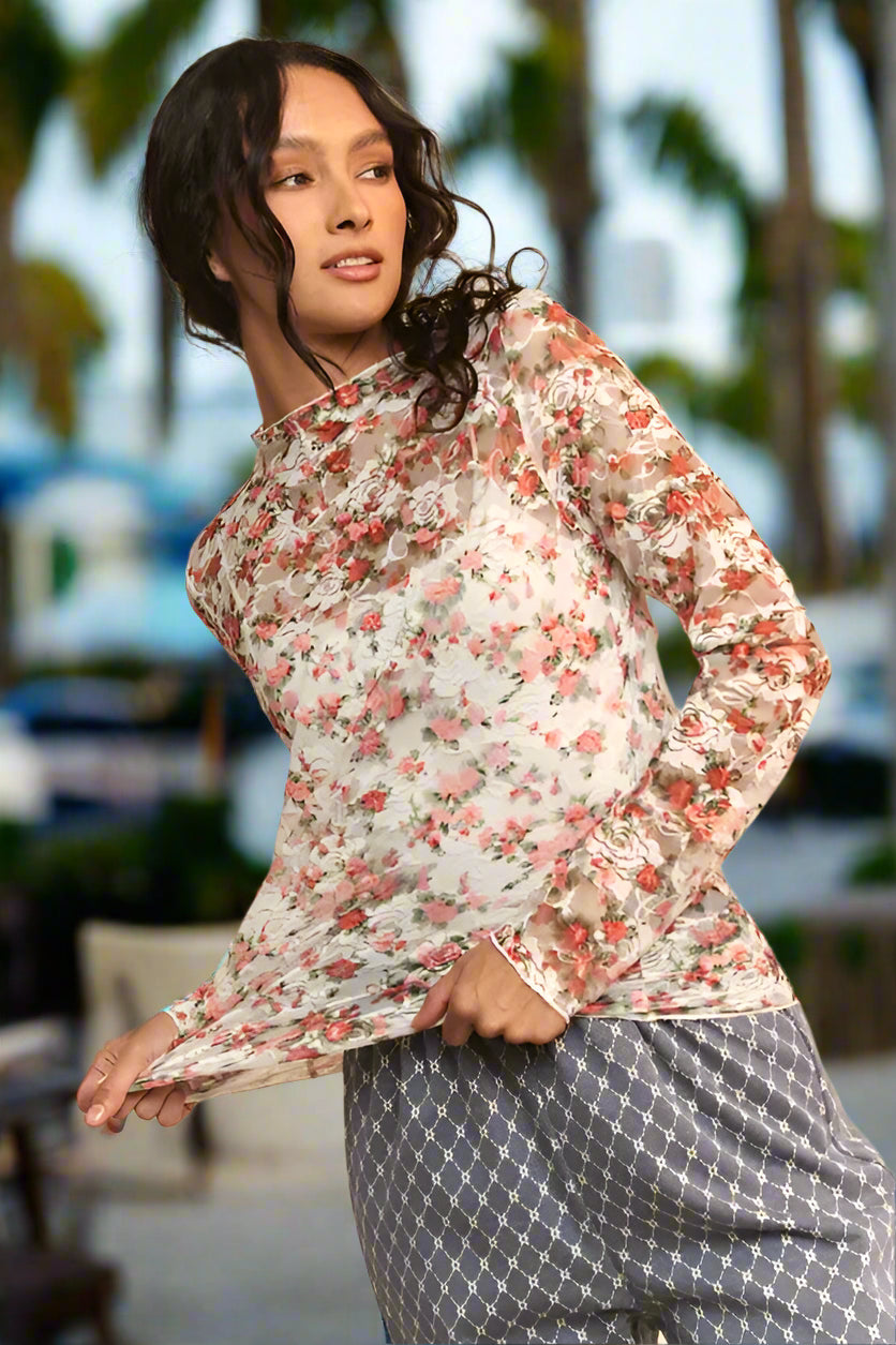 Floral Print Mesh Long Sleeve Layering Top for Women - Lightweight Sheer Blouse for Spring Summer Outfits, Casual Wear & Boho Fashion