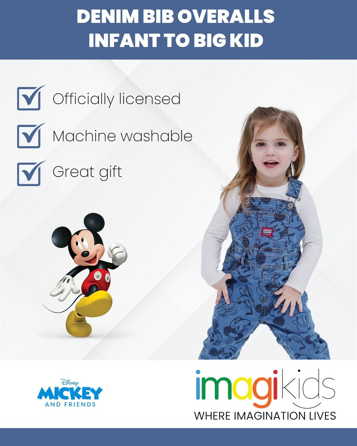 Disney Mickey Mouse & Friends Denim Bib Overalls for Kids - Baby to Big Kid (Infant, Toddler, Boys & Girls) - Perfect for Playdates, Theme Parks & Disney Costume Parties