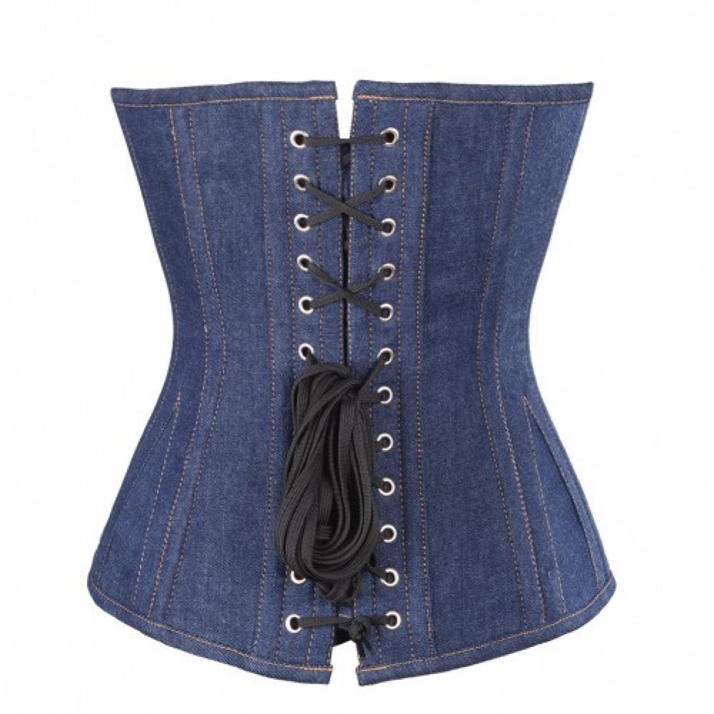 Blue Denim Gothic Steampunk Corset Bustier Dress for Waist Training & Victorian Costume - Perfect for Cosplay, Halloween, and Themed Parties