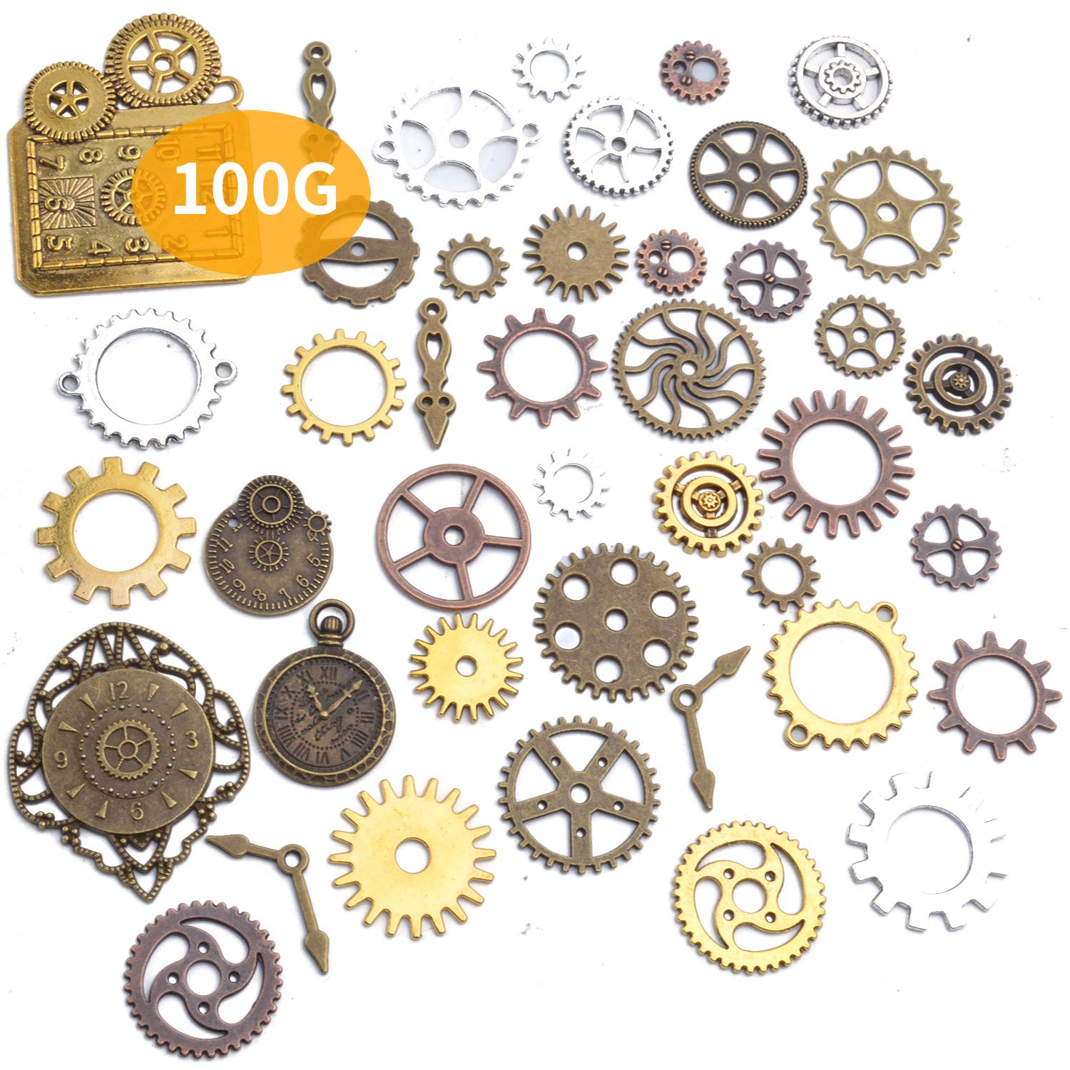 Steampunk Clock Face Charm Pendant - 100g Multi-Style Watch Dial & Gear Charms for DIY Jewelry Making - Perfect for Necklaces, Bracelets, and Steampunk Craft Projects