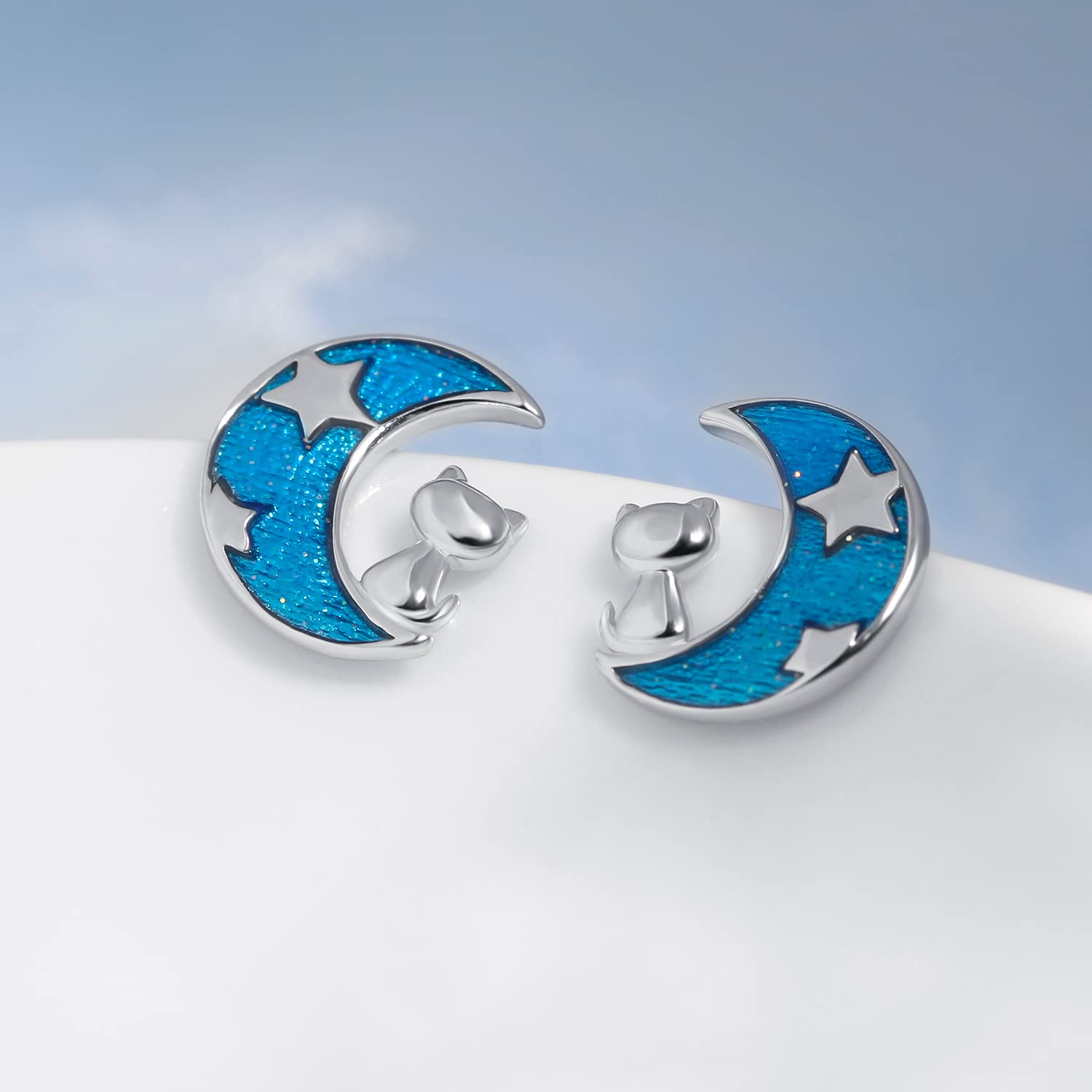 Meissa 925 Sterling Silver Stud Earrings - Moon & Star Cat Earrings for Women | Hypoallergenic, Handmade Jewelry | Perfect for Everyday Wear, Gifts & Special Occasions