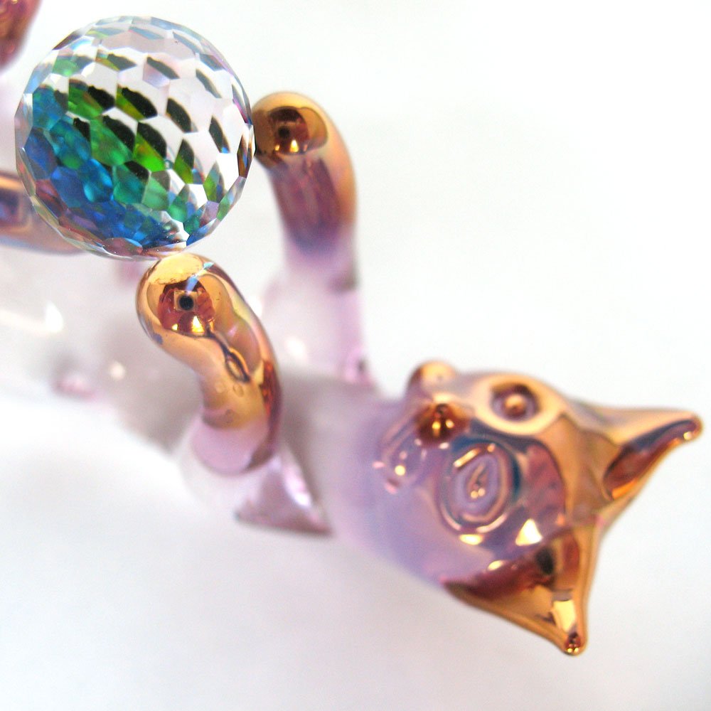 Hand Blown Glass Cat Figurine with Crystal Ball & String - Unique Home Decor, Gift for Cat Lovers, Feng Shui & Meditation Accessory