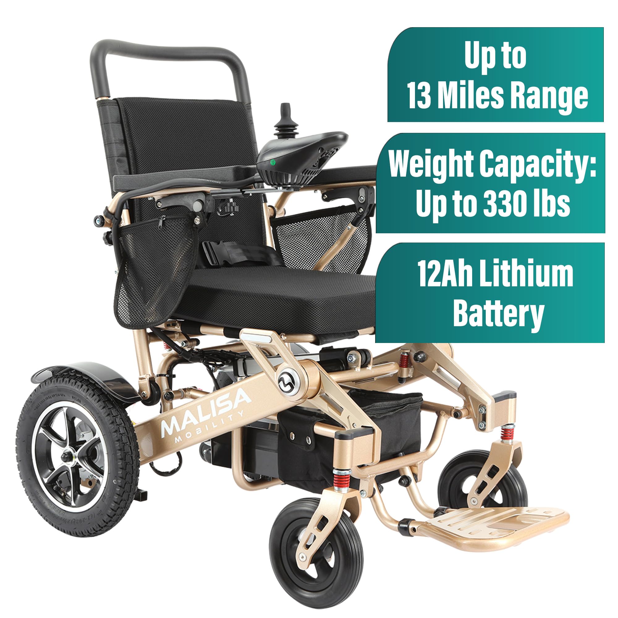 MALISA Electric Wheelchair for Adults - Automatic Folding Power Wheelchair, Lightweight Foldable Motorized Wheelchair with All-Terrain Capability (Bronze Frame) | Ideal for Indoor Use, Outdoor Travel & Mobility Assistance