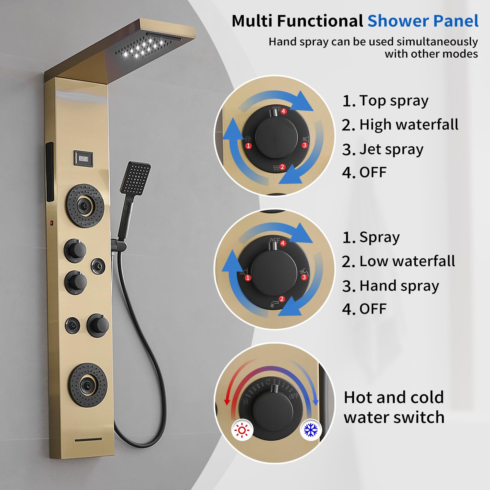 Brushed Gold LED Rainfall Shower Panel System - 6-Function Body Massage Shower Tower with Temperature Display | Wall Mount Bathroom Fixture for Luxurious Spa Experience
