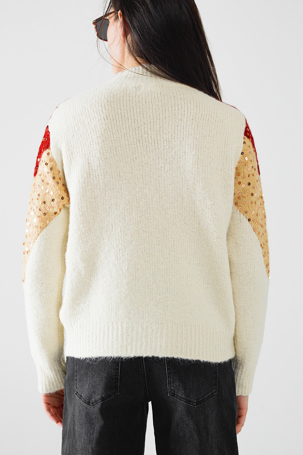 Color Block Bordeaux & Beige Knit Pullover Sweater with Sparkle Embellishments | Women's Fashion Winter Wear for Office & Holiday Parties