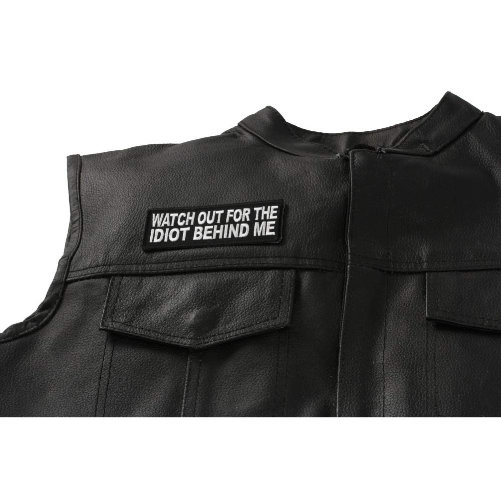Funny 'Watch Out for The Idiot Behind Me' Iron-On Patch - Humorous Saying Sew-on Badge for Jackets, Hats & Backpacks - Perfect for Bikers, Motorcyclists & Pranksters