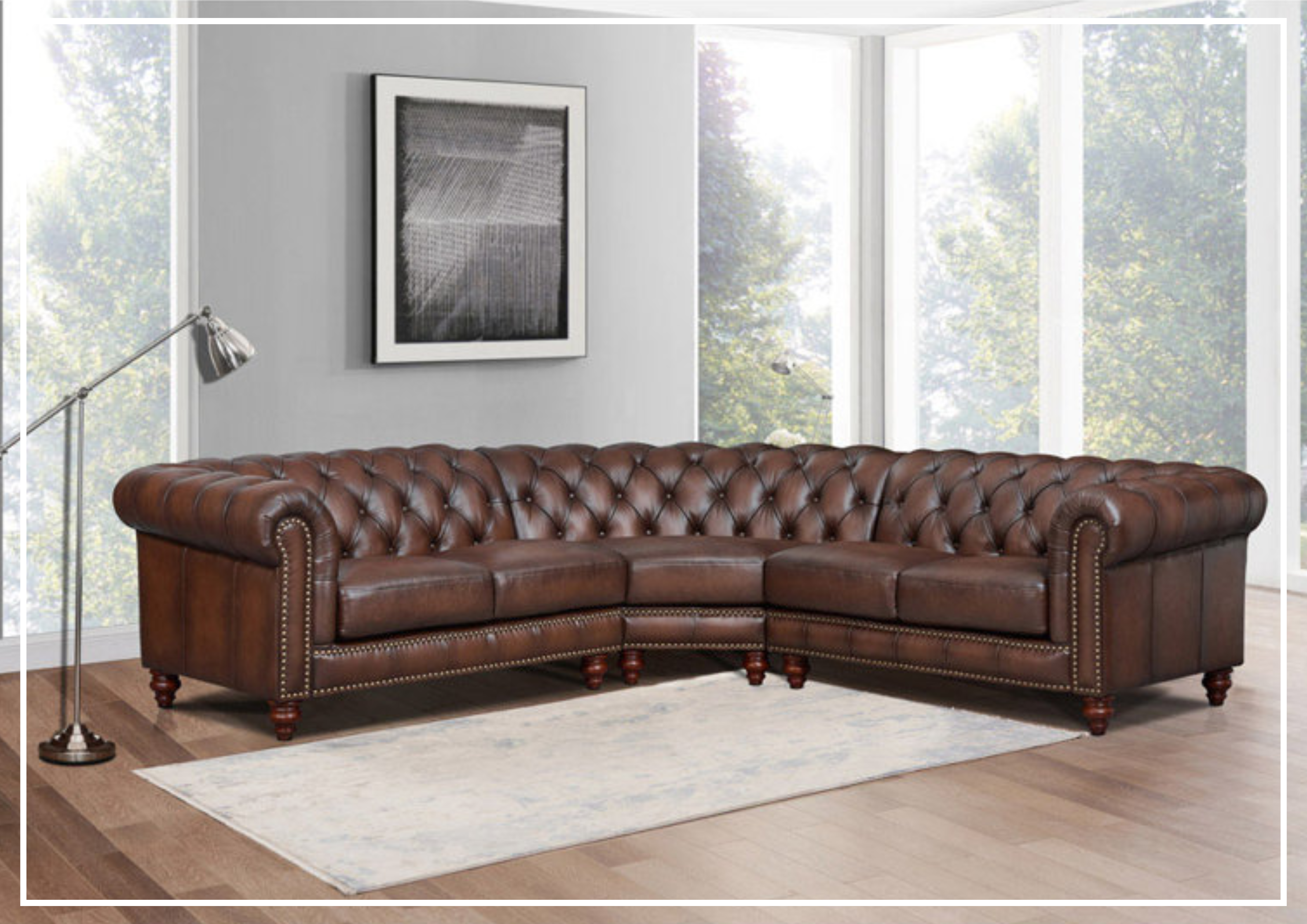 Premium Hydeline Alton Bay Leather Chesterfield L-Shaped Sectional Sofa with Nailhead Trim - Luxurious Living Room Furniture for Home Theater & Entertaining