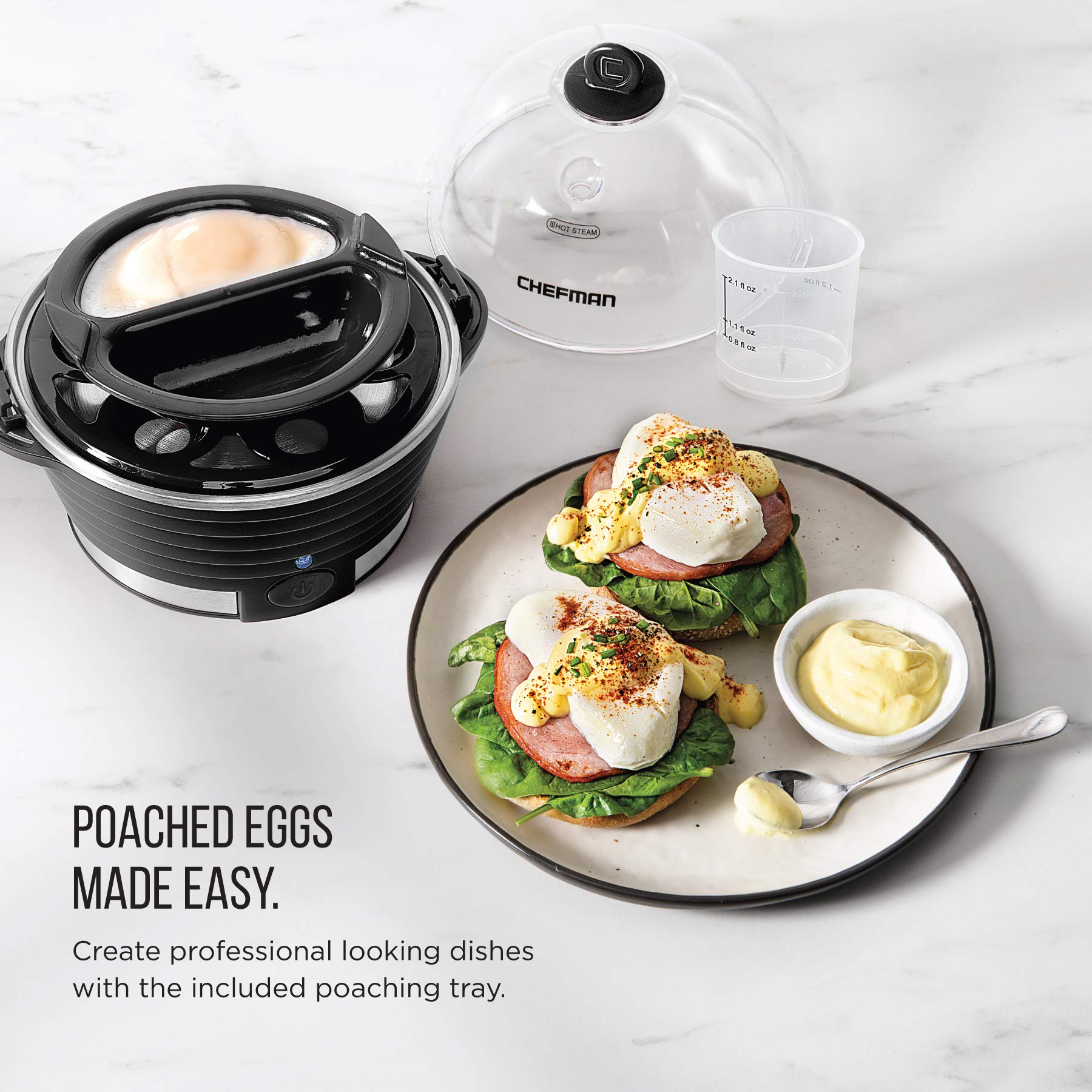 Chefman Electric Egg Cooker & Vegetable Steamer - Fast 6-Egg Capacity for Hard, Medium or Soft Boiled Eggs - Includes Poaching & Omelet Trays - BPA-Free, Ready Signal - Perfect for Breakfast Meal Prep & Healthy Cooking (Black)