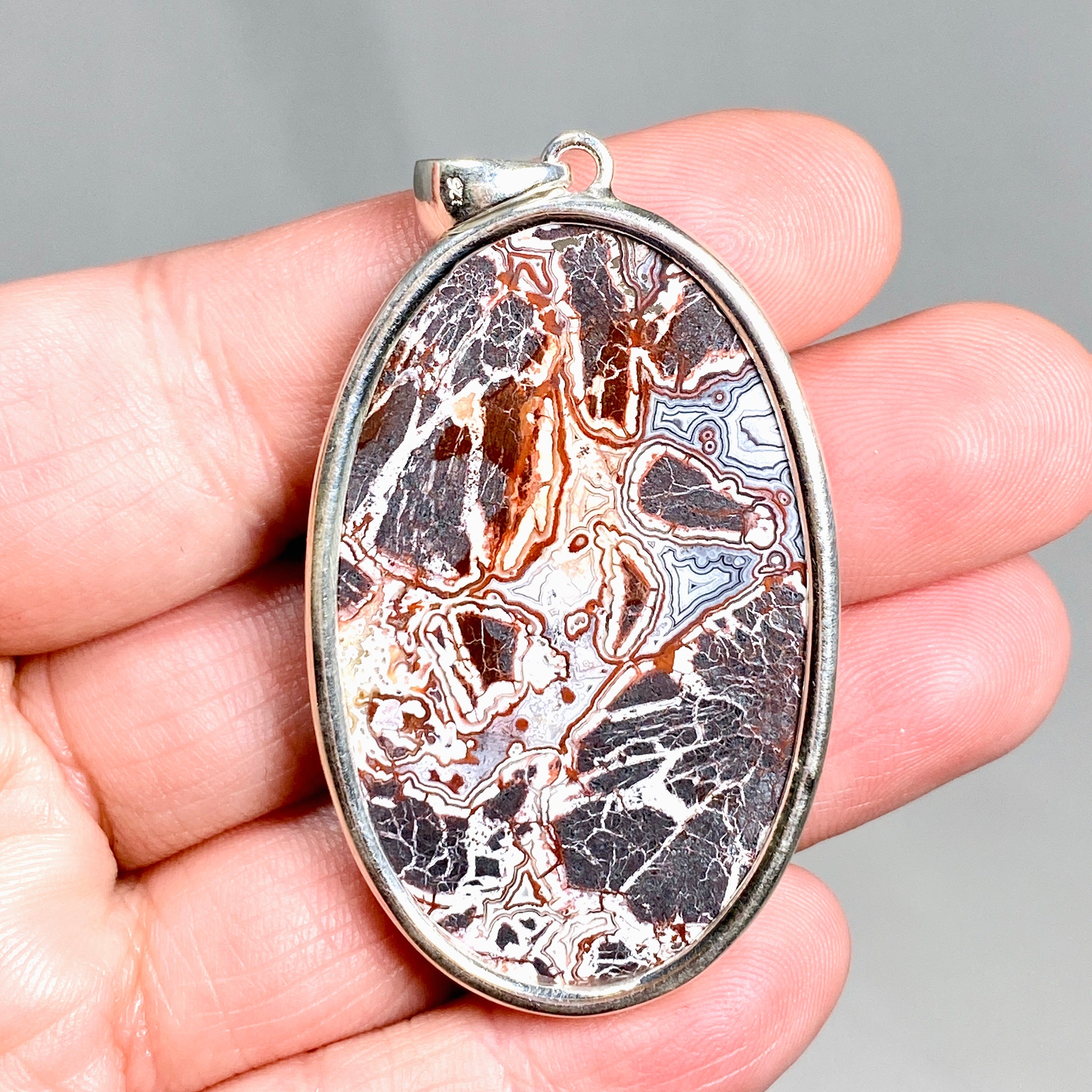 Mexican Crazy Lace Agate Oval Pendant Necklace KPGJ4572 - Elegant Handmade Jewelry for Women, Perfect for Parties & Special Occasions