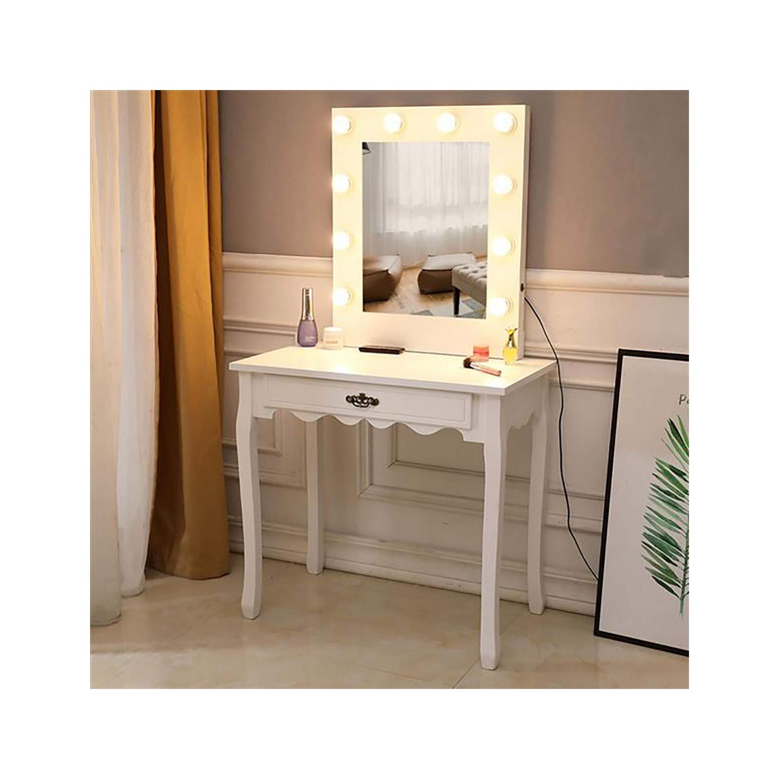 Modern White Dressing Table with Mirror & Bulb Warmer - Elegant Vanity Desk for Makeup, Jewelry Storage & Bedroom Decor - Perfect for Home, Apartment & Beauty Salon Use