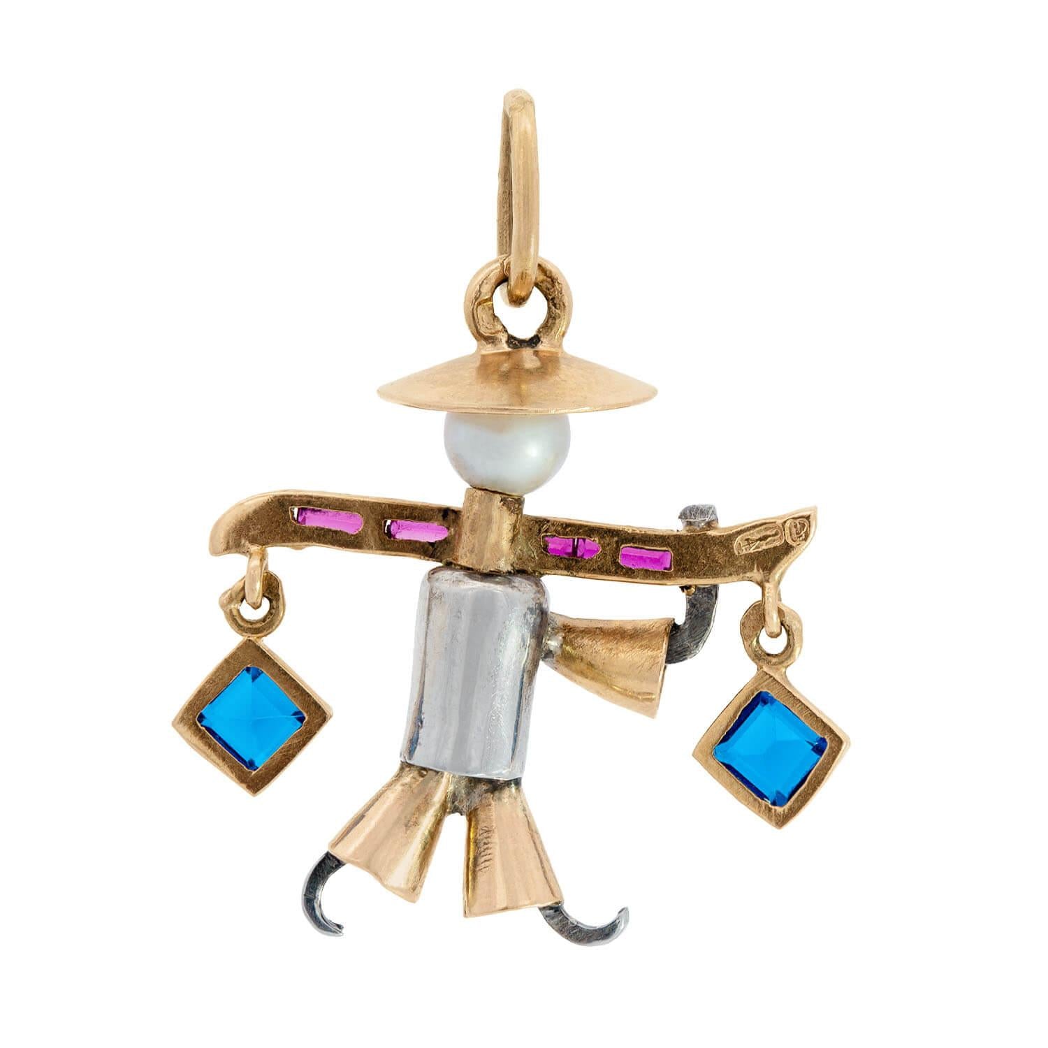 Vintage Portuguese 19K Gold Pearl Ruby Sapphire Men's Pendant Necklace - Perfect for Gifts, Weddings & Special Occasions