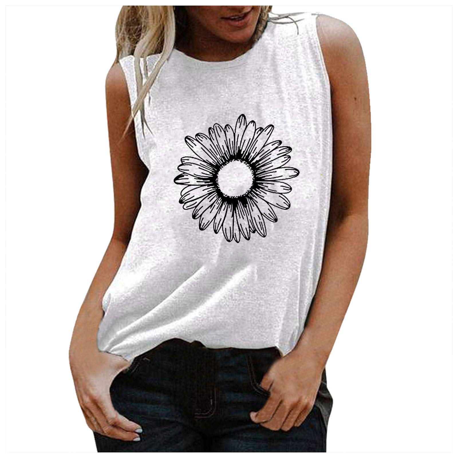Women's Printed Sunflower Sleeveless Casual Vest Top - Loose Fit Summer Tank Blouse for Beach, Vacation & Everyday Wear