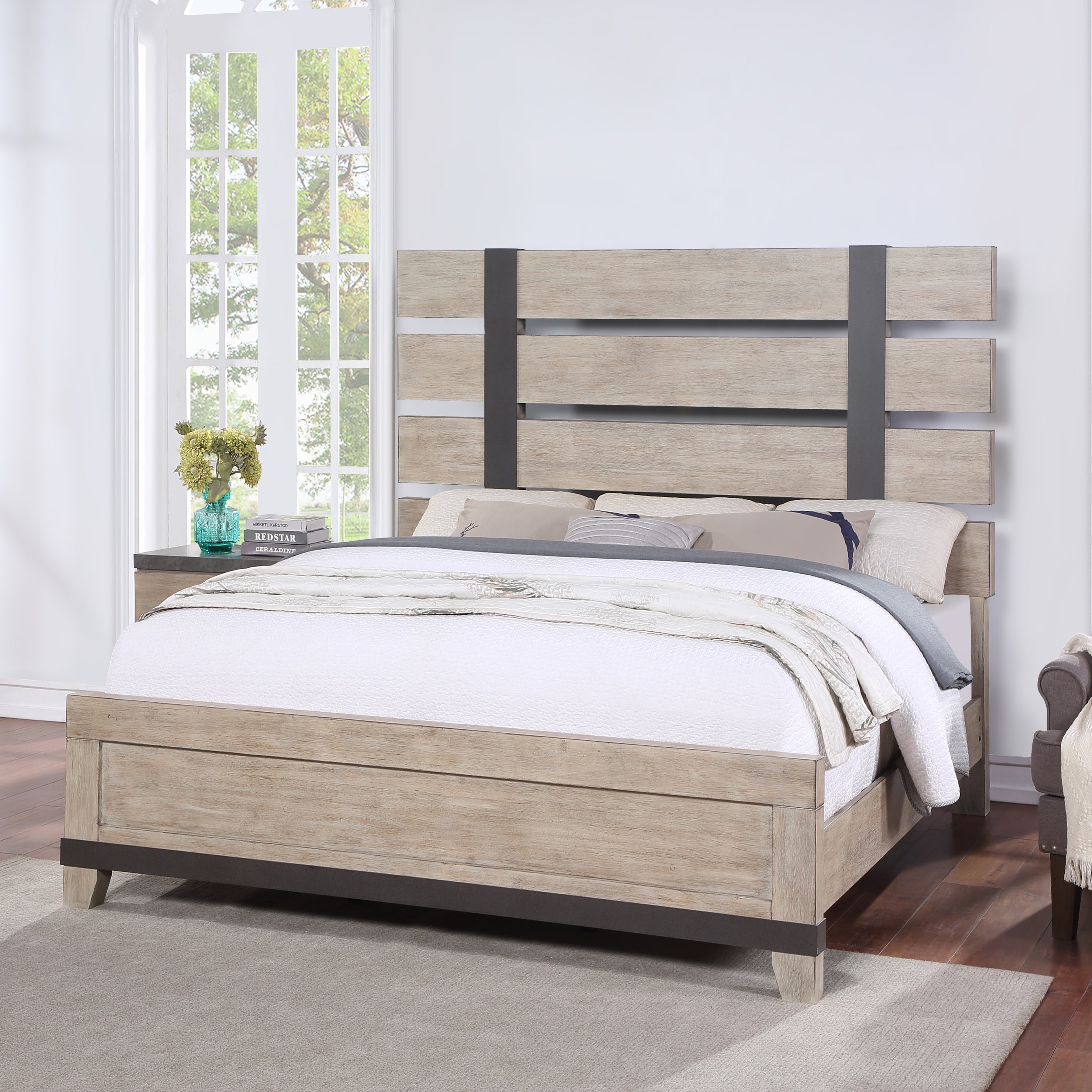 Arbela Wood Slatted Panel Bed - Queen Size, Weathered Oak Finish, Solid Wood Frame, Modern Farmhouse Style - Perfect for Bedroom, Guest Room, and Home Decor