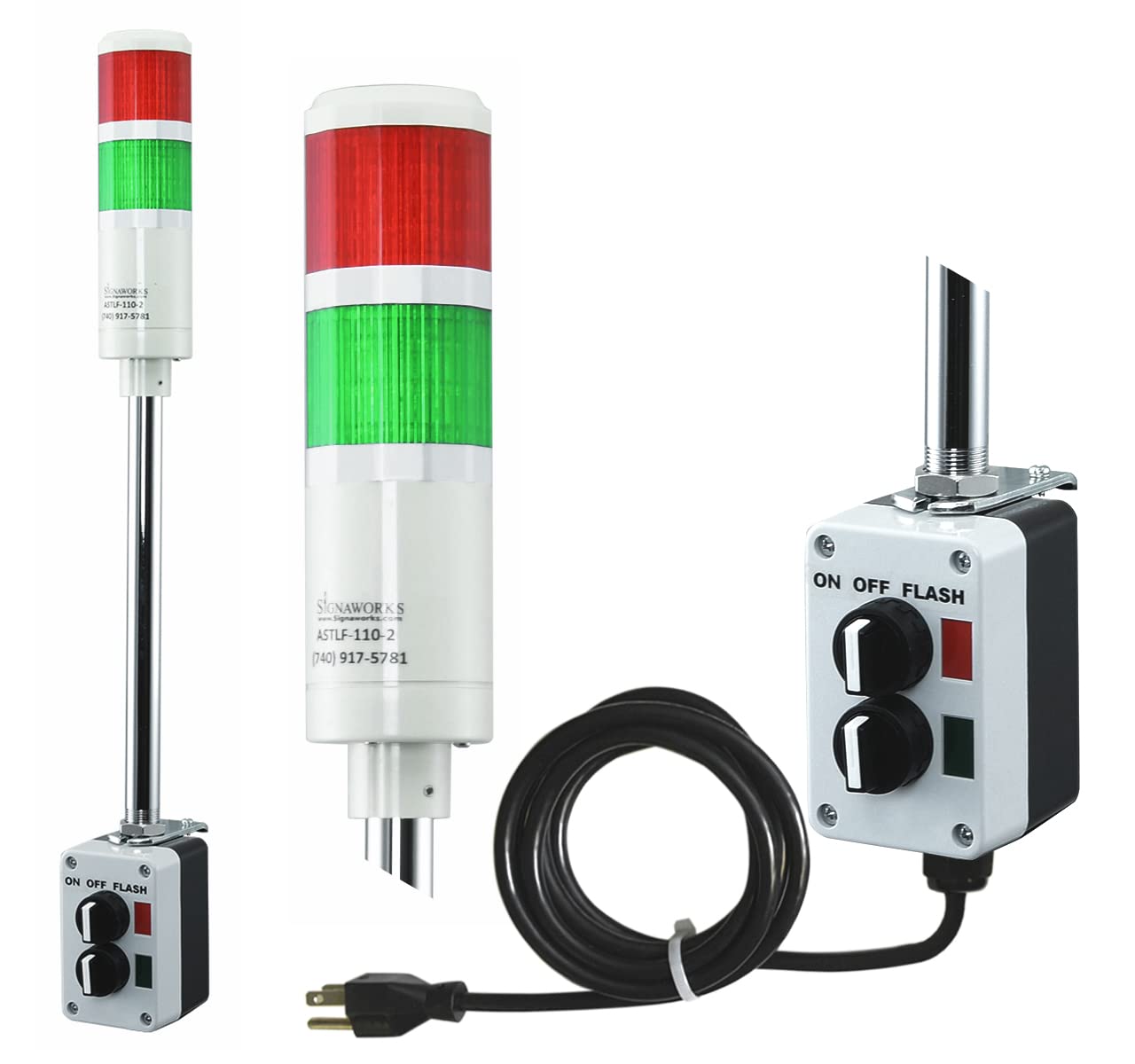 Signaworks 2 Stack Super Bright LED Andon Tower Light - Red/Green 3 Position (On/Off/Flash) with 8ft Industrial Power Cord & 3 Prong Plug | OSHA Compliant, Plug & Play | Made in USA | Perfect for Factory Assembly Lines, Warehouse Safety Alerts & Equipment Status Monitoring