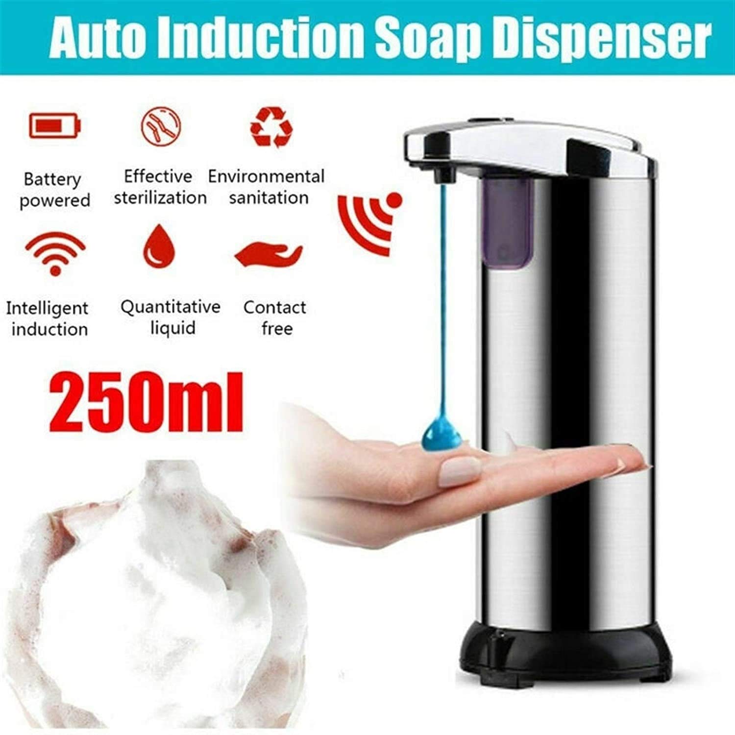 Automatic Touchless Gel Soap Dispenser with Motion Sensor - 250ml Battery Operated Hands-Free Soap Dispenser for Kitchen, Bathroom & Office - Black Waterproof Electric Gel Dispenser for Liquid Soap