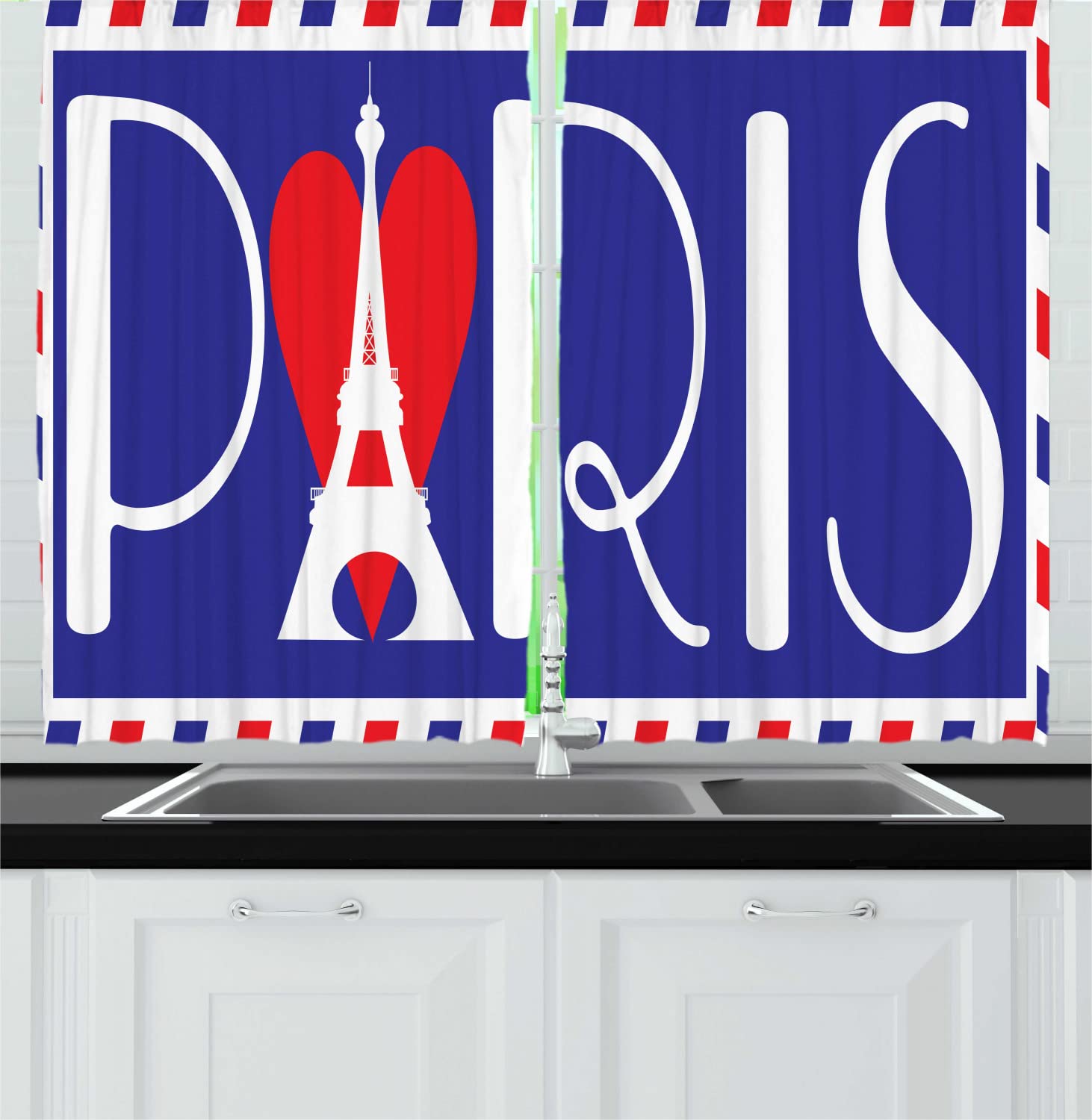 Ambesonne Paris-Themed Kitchen Curtains - Eiffel Tower & Heart Design with Bold Lettering, 2-Panel Rod Pocket Drapes 55x45 Inches, Dark Violet Coral White - Perfect for French Country, Cafe & Travel-Inspired Home Decor