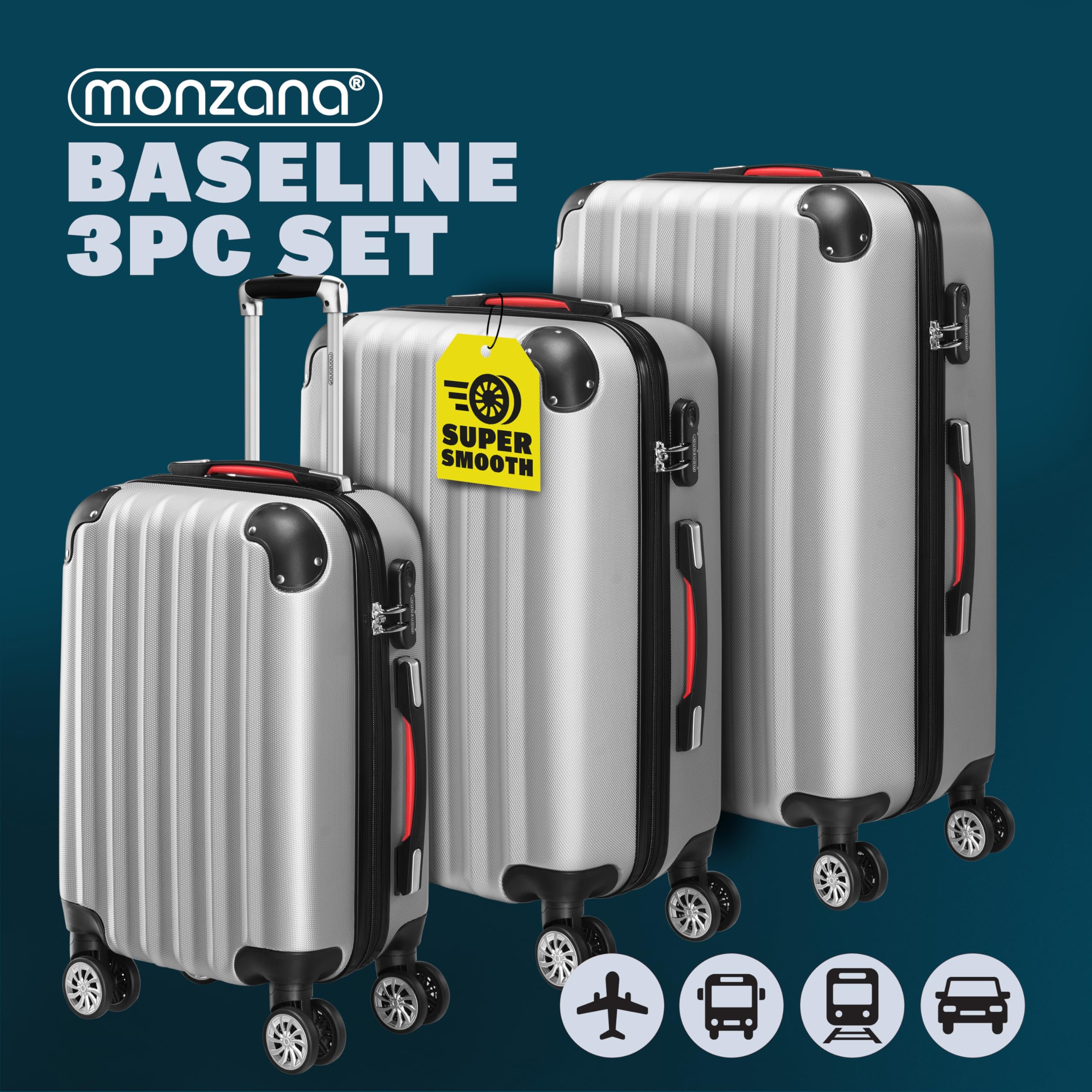 Monzana® 3-Piece ABS Hard Shell Travel Suitcase Set with 4 Spinner Wheels - Scratch Resistant Lightweight Luggage in Silver (Medium, Large, XL) - Perfect for Business Trips, Vacations & Air Travel