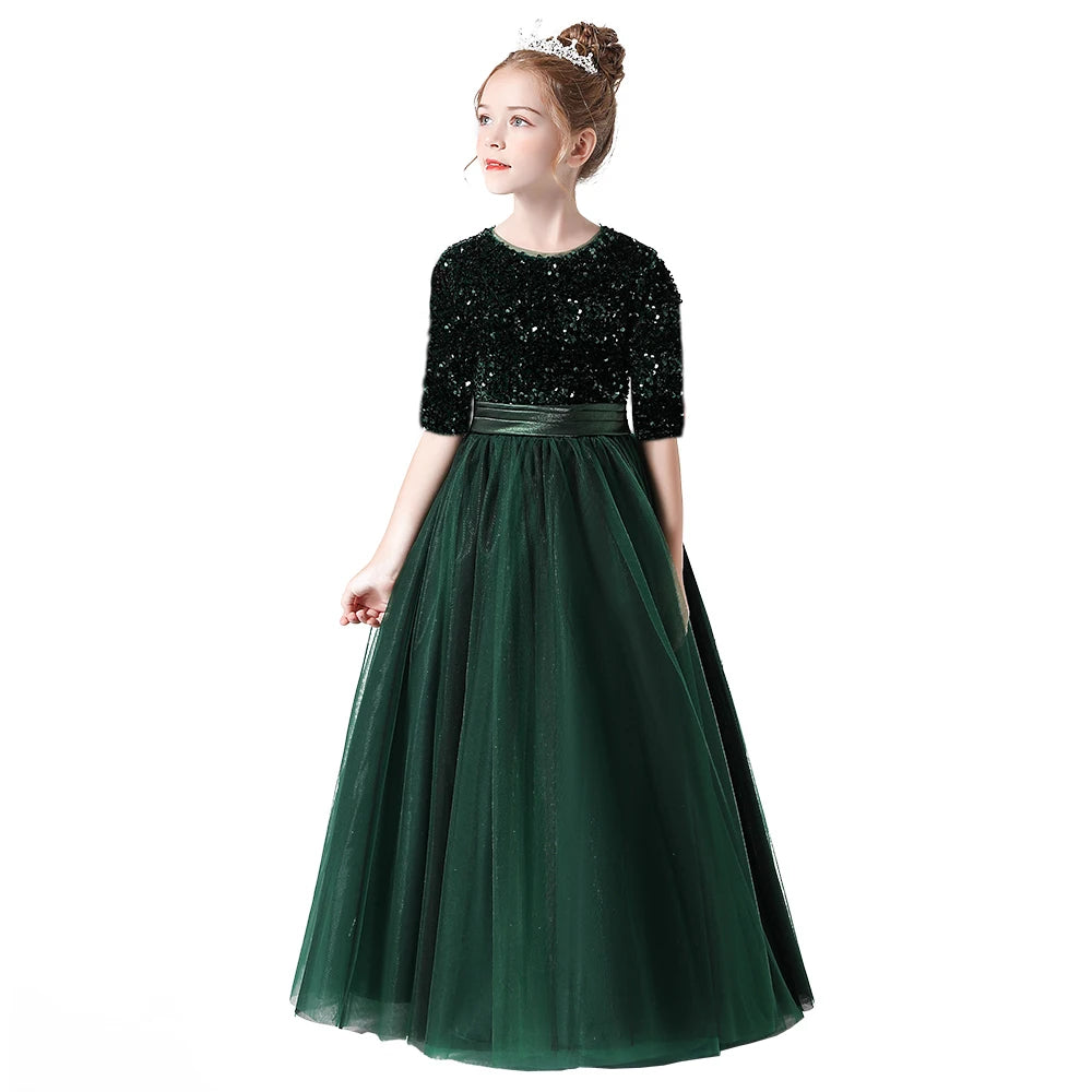 Sparkly Sequin Half-Sleeve Christmas Party Dress for Girls - Elegant Long Tulle Pageant Gown for Concerts, Birthdays & Holiday Celebrations