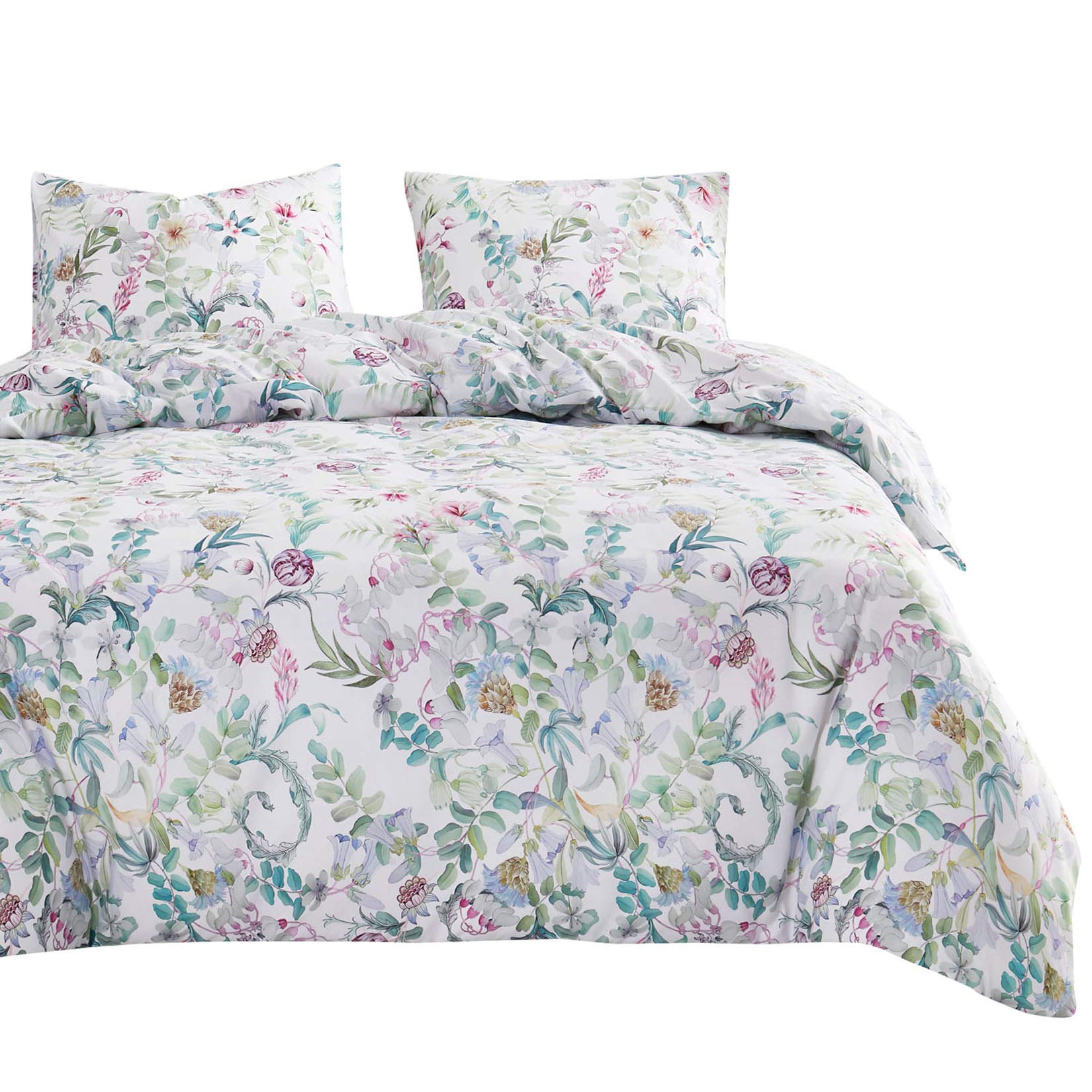 Wake In Cloud - Light Purple Floral Comforter Set with Lilac Flowers & Green Leaves, Botanical Plant Pattern Printed on White Soft Microfiber Bedding (3pcs, Twin Size) - Perfect for Bedroom Decor, Guest Room & Dormitory