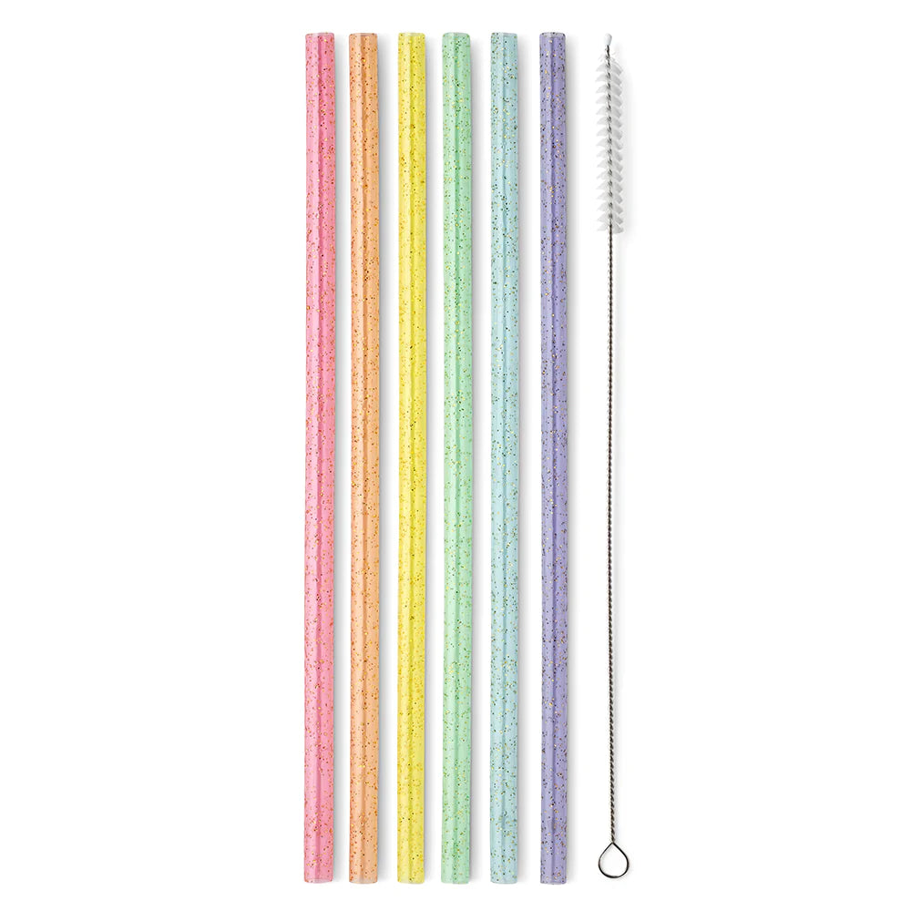 Rainbow Glitter Reusable Straw Set - 12 Pack Eco-Friendly Stainless Steel Drinking Straws with Cleaning Brush | Perfect for Smoothies, Cocktails, Parties & Home Use