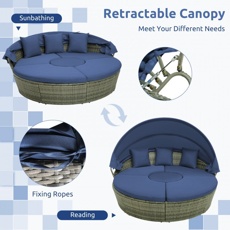 Outdoor PE Wicker Round Daybed with Retractable Canopy & Cushions - Navy Blue Patio Furniture for Poolside Lounging, Garden Relaxation & Backyard Decor