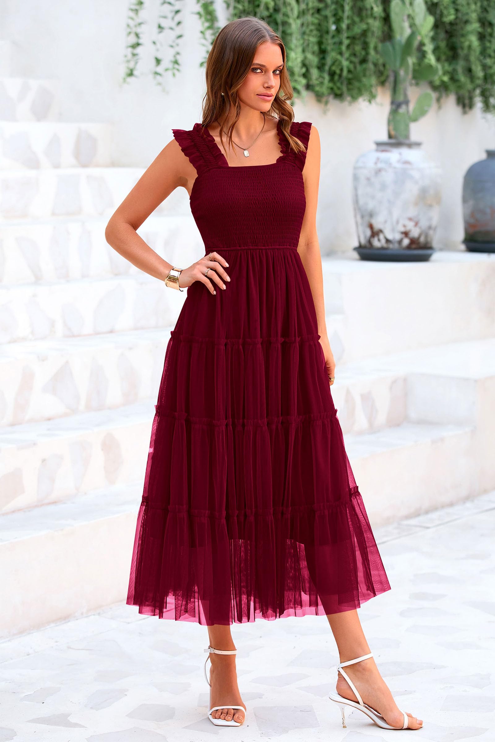 PRETTYGARDEN Women's Summer Midi Tulle Dress - Sleeveless Smocked Square Neck Ruffle Flowy Sundress for Wedding Guest, Party & Beach Vacation | Elegant A-Line Formal Dress for Bridesmaid, Cocktail & Special Occasions