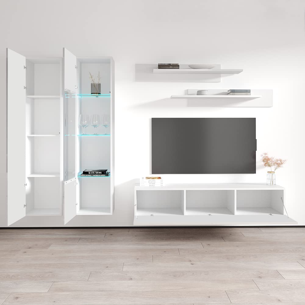 Modern White Wall-Mounted TV Stand with Storage Shelves & LED Lights - Floating Entertainment Center Console for Bedroom & Living Room - Perfect for Small Spaces & Home Theater Setup - Meble Furniture Fly A5 30TV Stand