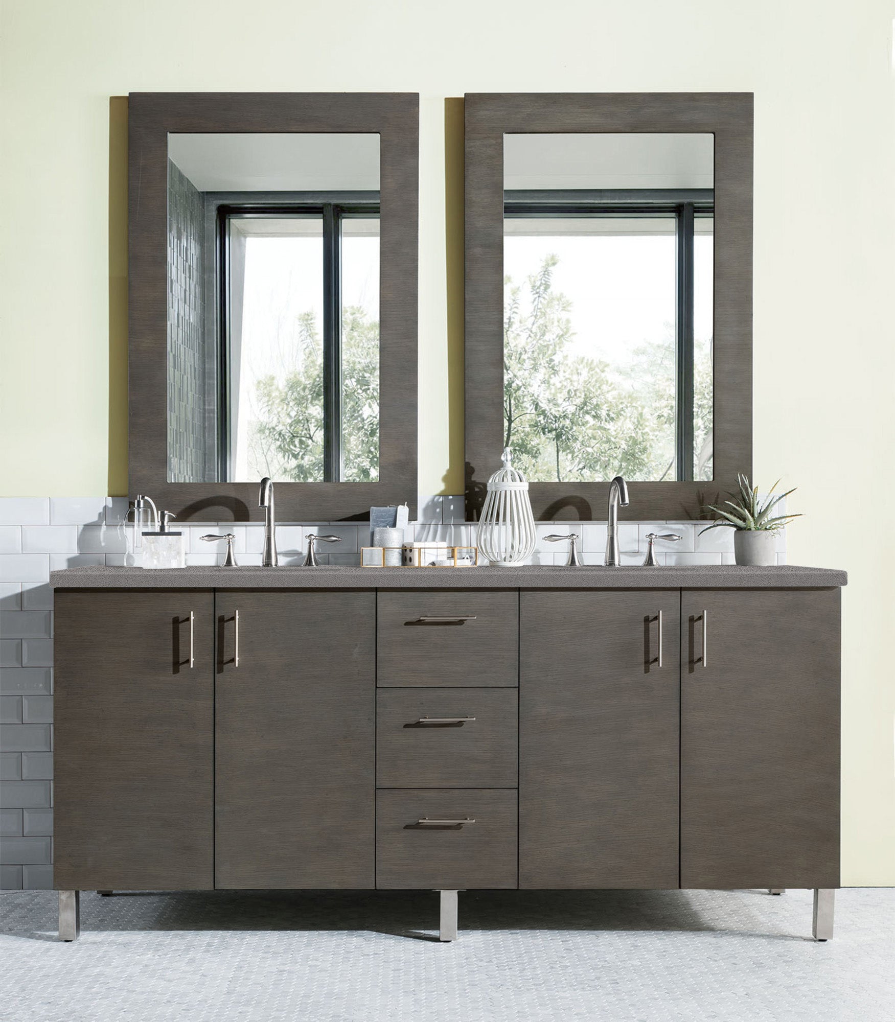 Metropolitan 72 Inch Double Bathroom Vanity with Silver Oak Finish & 3CM Grey Expo Quartz Countertop - Perfect for Master Bathroom Renovation and Modern Home Decor