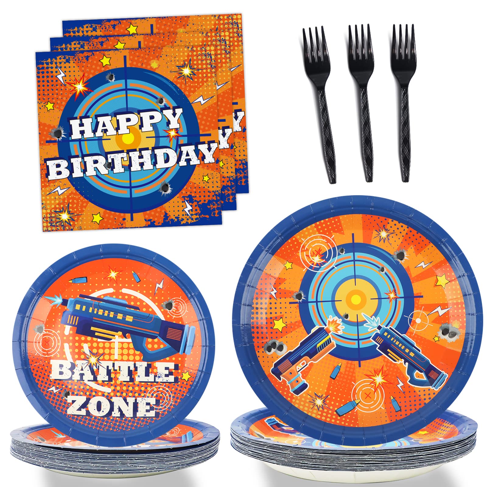 96 Pcs Dart War Party Supplies Set - Blue & Orange Themed Plates, Napkins for Kids Birthday, Baby Shower - Fun Tableware Decorations for Boys' Dart War Party (Serves 24) - Perfect for Birthday Celebrations, Game Nights & Themed Events