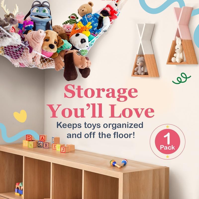 Lilly's Love Large Stuffed Animal Hammock - Corner Hanging Organizer for Plush Toy Storage | Easy to Install with Included Anchors & Hooks | Gray Room Decor for Kids Bedroom & Nursery Organization