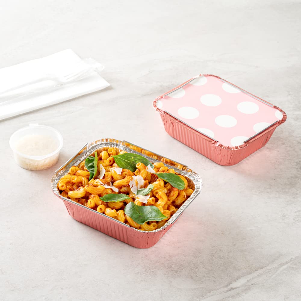 200-Pack 12oz Disposable Takeout Containers with Polka Dot Lids - Pink Rectangle Food Storage Containers for Restaurants, Catering & Meal Prep | Microwave Safe, Freezer Friendly & Leak-Proof Aluminum Delivery Boxes