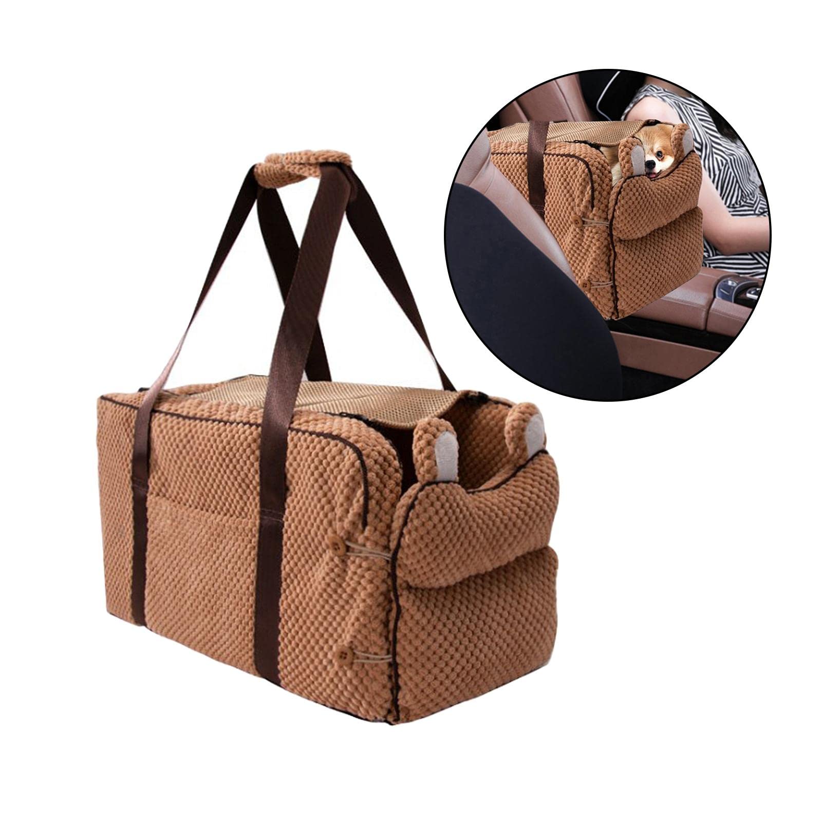 GAH Dog Car Carrier - Soft Non-Slip Pet Booster Seat & Travel Crate for Small to Medium Dogs - Perfect for Car, SUV, Armrest & Home Use - Brown