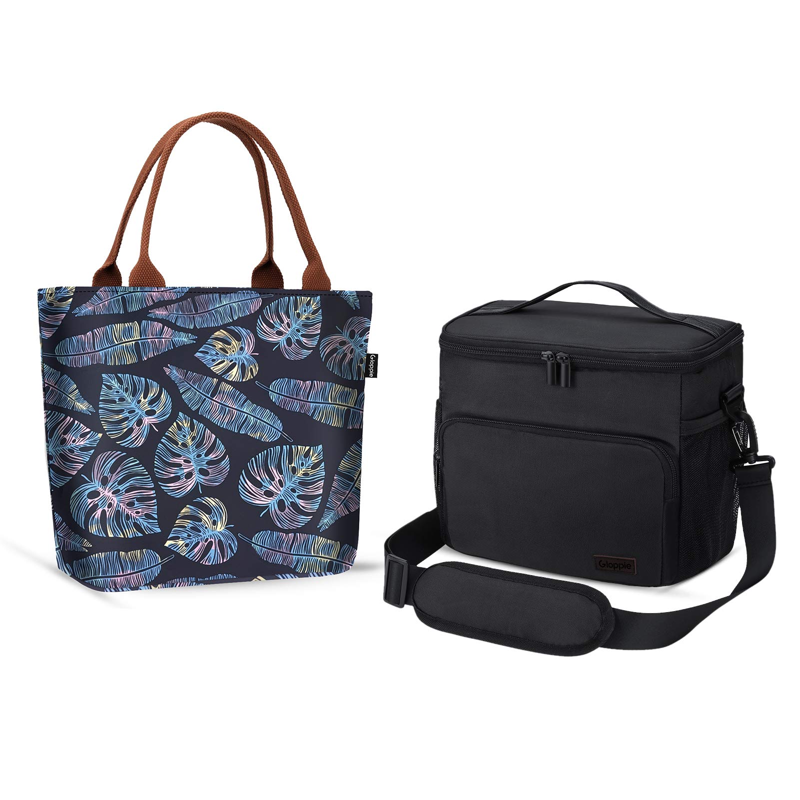 Gloppie Insulated Leakproof Lunch Tote for Women & Men - Water-resistant Soft Picnic Cooler Bag for Work, Beach, Hiking - Large Capacity Lunch Box with Yellow Blue Leaves & Black Design