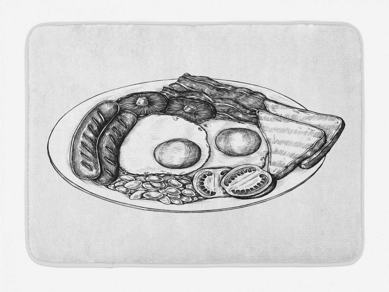 Ambesonne Plush Non-Slip Bath Mat - British Breakfast Design with Eggs, Sausages, Toast, Beans & Bacon - 30.2
