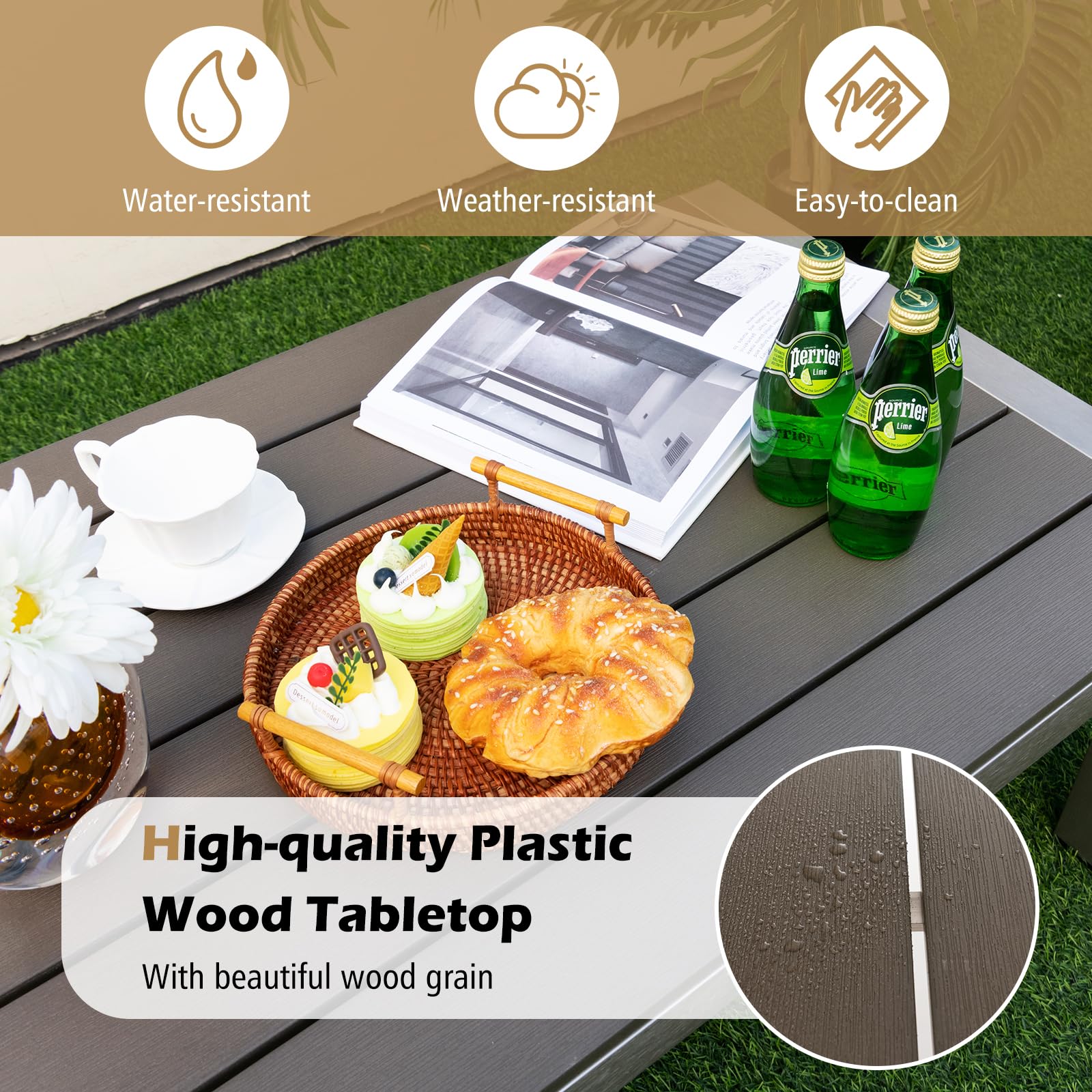 Tangkula Modern Outdoor Coffee Table - Aluminum Frame & Durable Plastic Wood Tabletop, Rustproof Rectangular Cocktail Table for Patio, Garden, Poolside - All-Weather Grey Accent Furniture for Relaxing & Entertaining