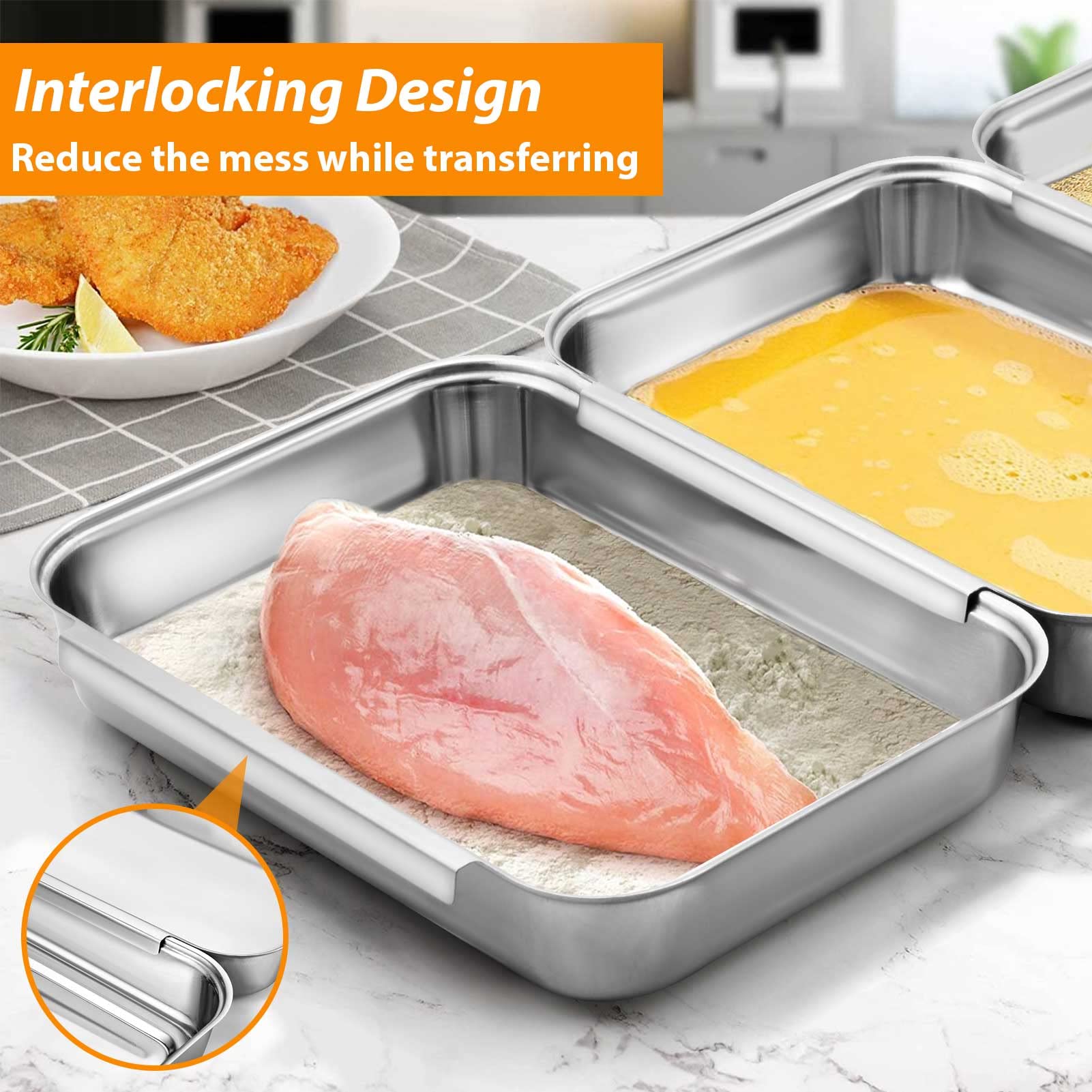 HULISEN 3-Piece Stainless Steel Breading Pans Set for Marinating Meat, Chicken, Fish - Food Prep & Coating Trays, Oven Safe for Baking Cakes - Perfect for Kitchen, Restaurant & Home Cooking