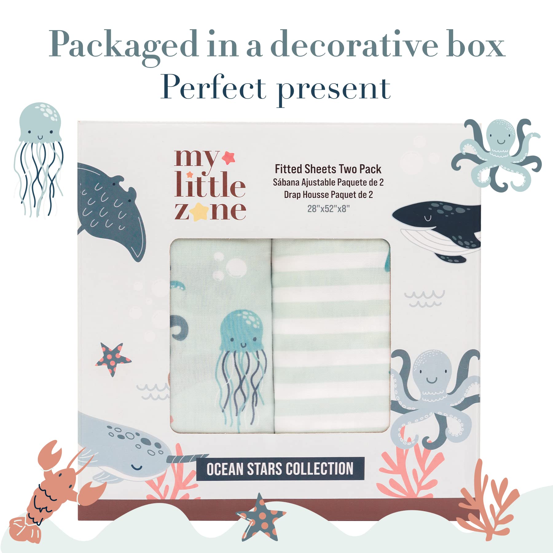 100% Cotton Baby Crib Sheets for Boys & Girls - 2 Pack Nautical Ocean Star Print Crib Bedding Set, Soft Teal & White Nursery Sheets for Infant Bassinet or Toddler Crib | Perfect for Coastal Nursery Decor, Baby Shower Gifts & Newborn Essentials