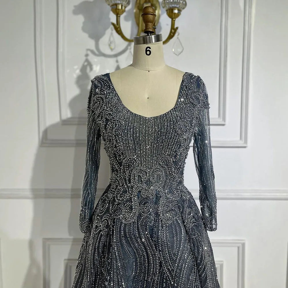 Luxury Dubai Evening Dresses for Women 2025 - Elegant A-Line Beaded Muslim Grey Blue Overskirt LA70773A | Perfect for Weddings, Parties & Formal Events