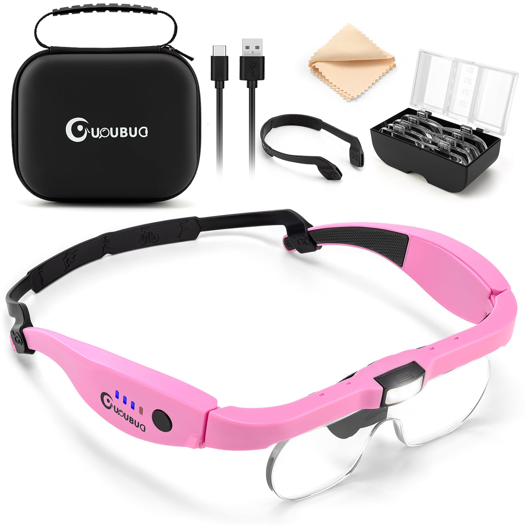 Rechargeable LED Magnifying Headset with Light - 1.5X to 5.0X Adjustable Magnification for Jewelry Making, Crafts & Close Work - Includes Carry Case & Interchangeable Lenses - Perfect for Watch Repair, Reading & Hobby Projects