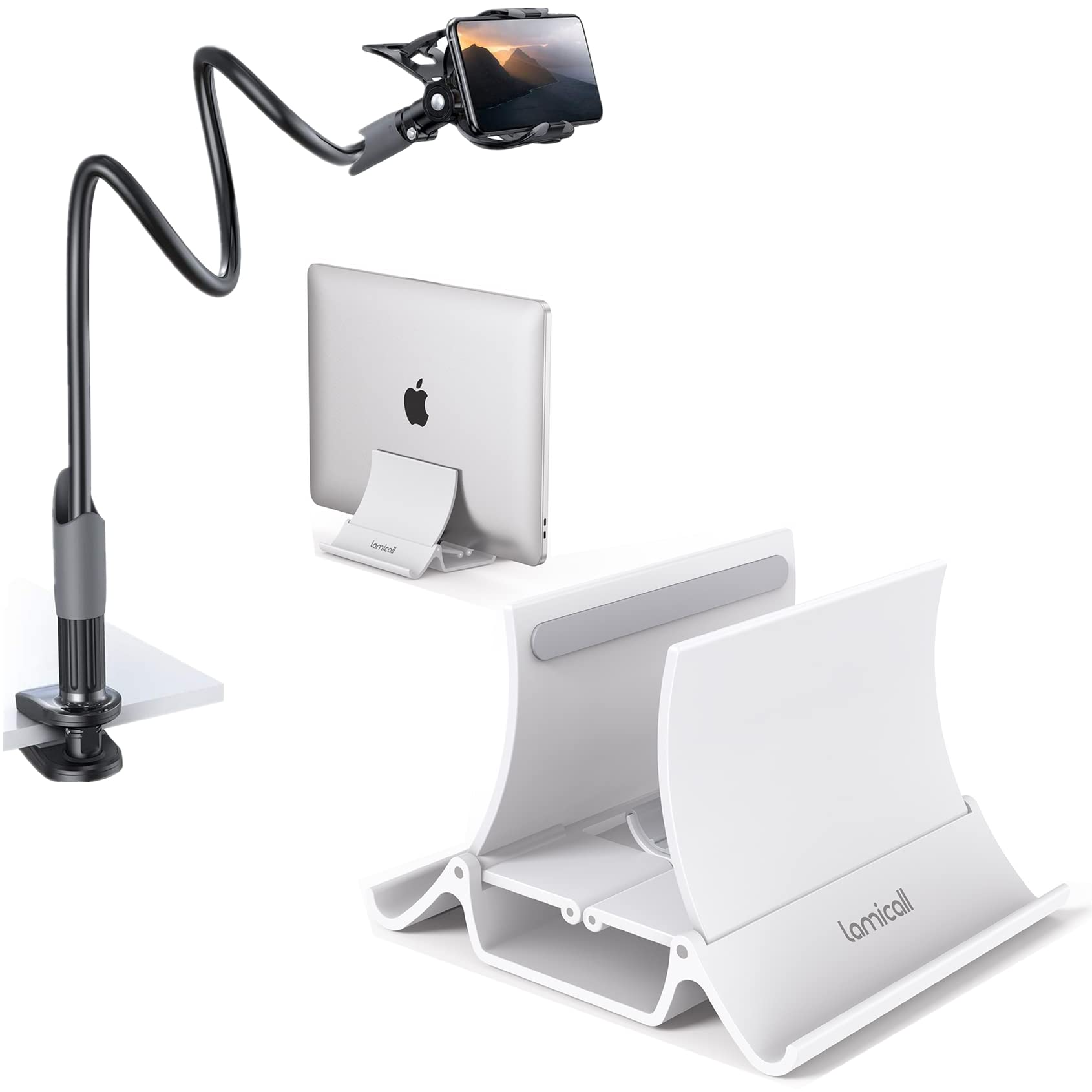 Lamicall Adjustable Gooseneck Phone Holder & Vertical Laptop Stand Set - Perfect for Home Office, Bed, Desk, and Car Use