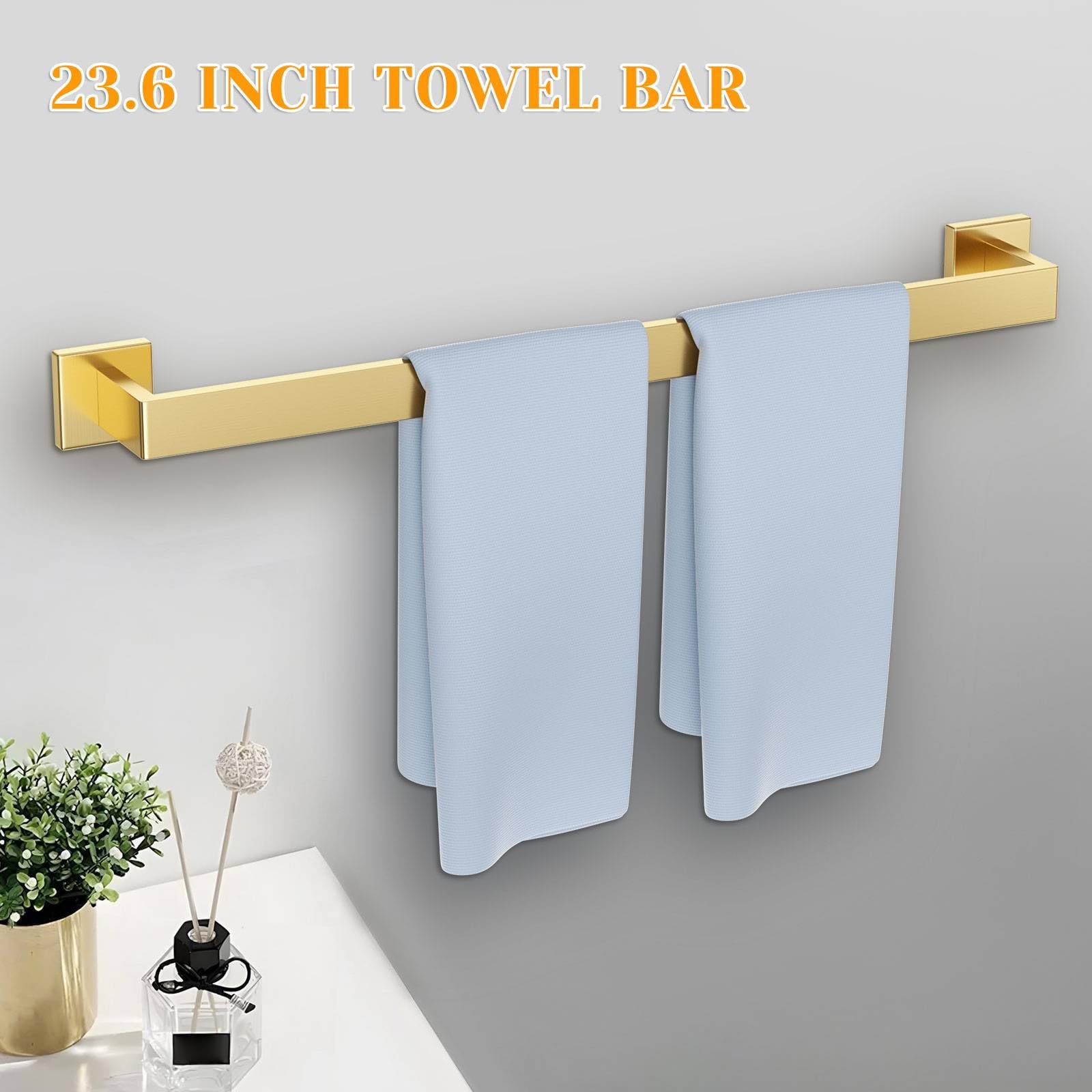 5-Piece Brushed Gold Bathroom Hardware Set - Stainless Steel Towel Bar, Wall-Mounted Toilet Paper Holder with Shelf (23.6 Inch) - Modern Bathroom Accessories for Home & Hotel Decor