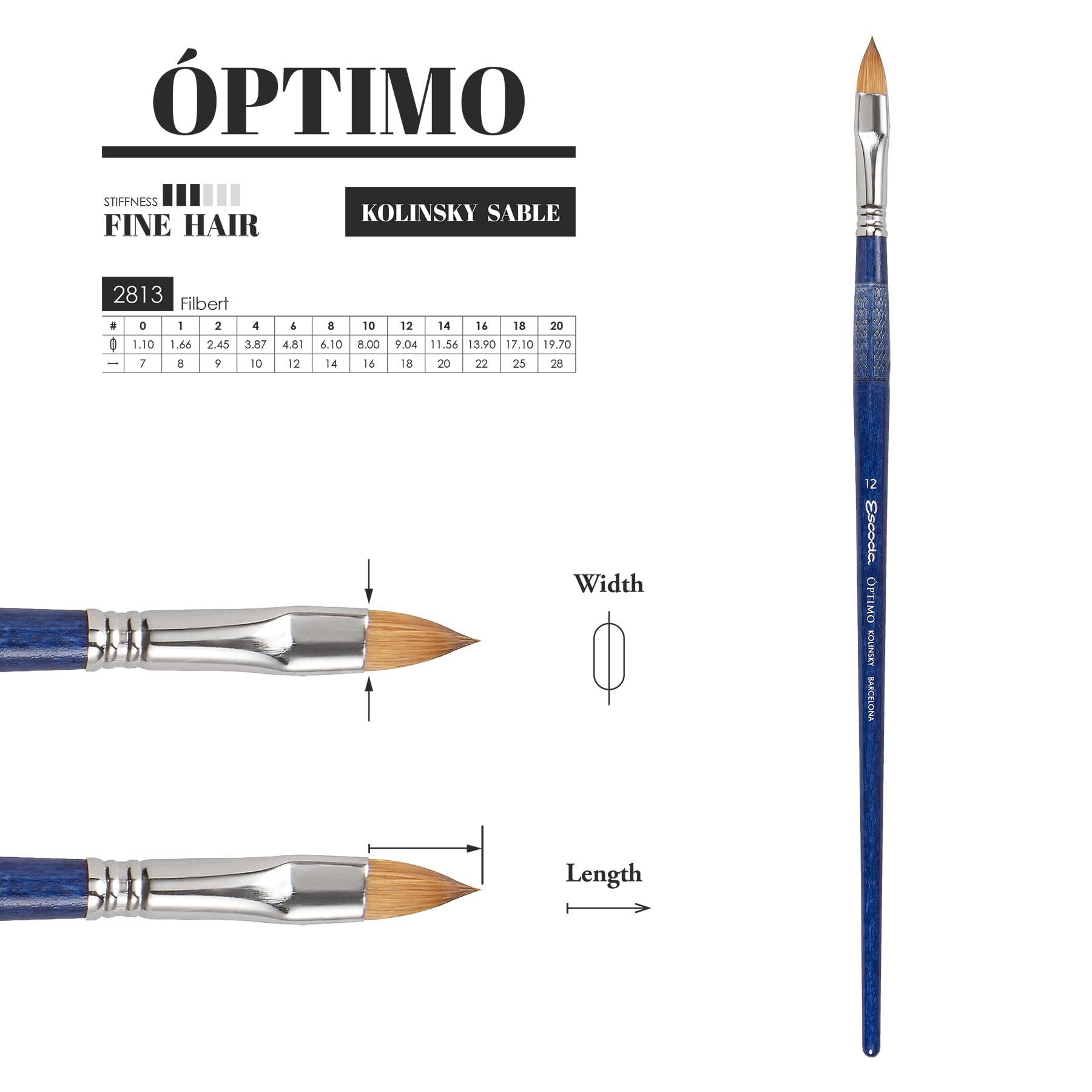 Speedball Escoda Optimo Series Size 20 Kolinsky Filbert Brush for Oil & Acrylic Painting - Professional Artist Long Handle Paintbrush for Canvas, Portrait & Fine Art Techniques