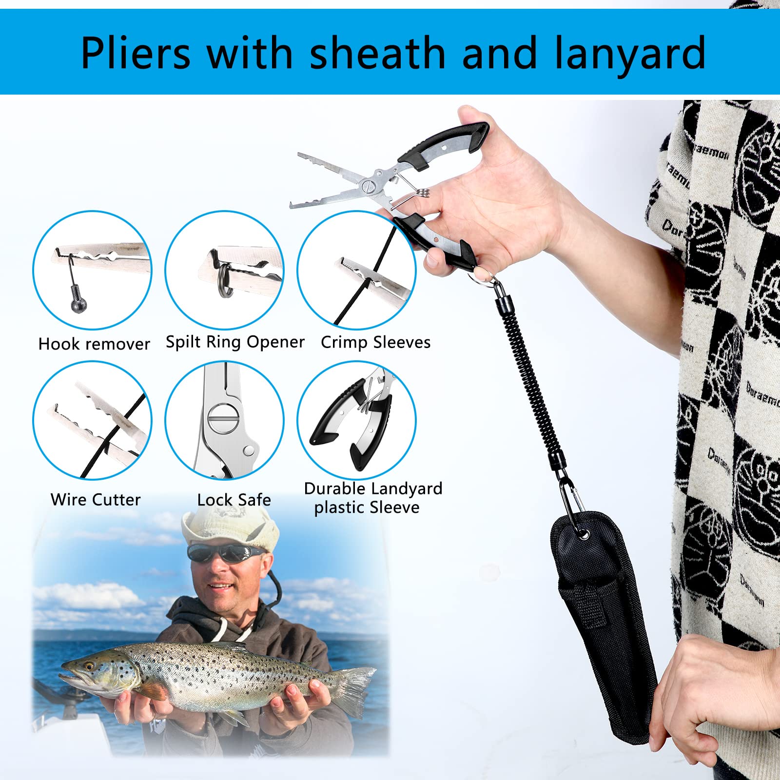 7pc Fishing Hook Remover Kit with Pliers & Gripper - Saltwater & Freshwater Use for Anglers