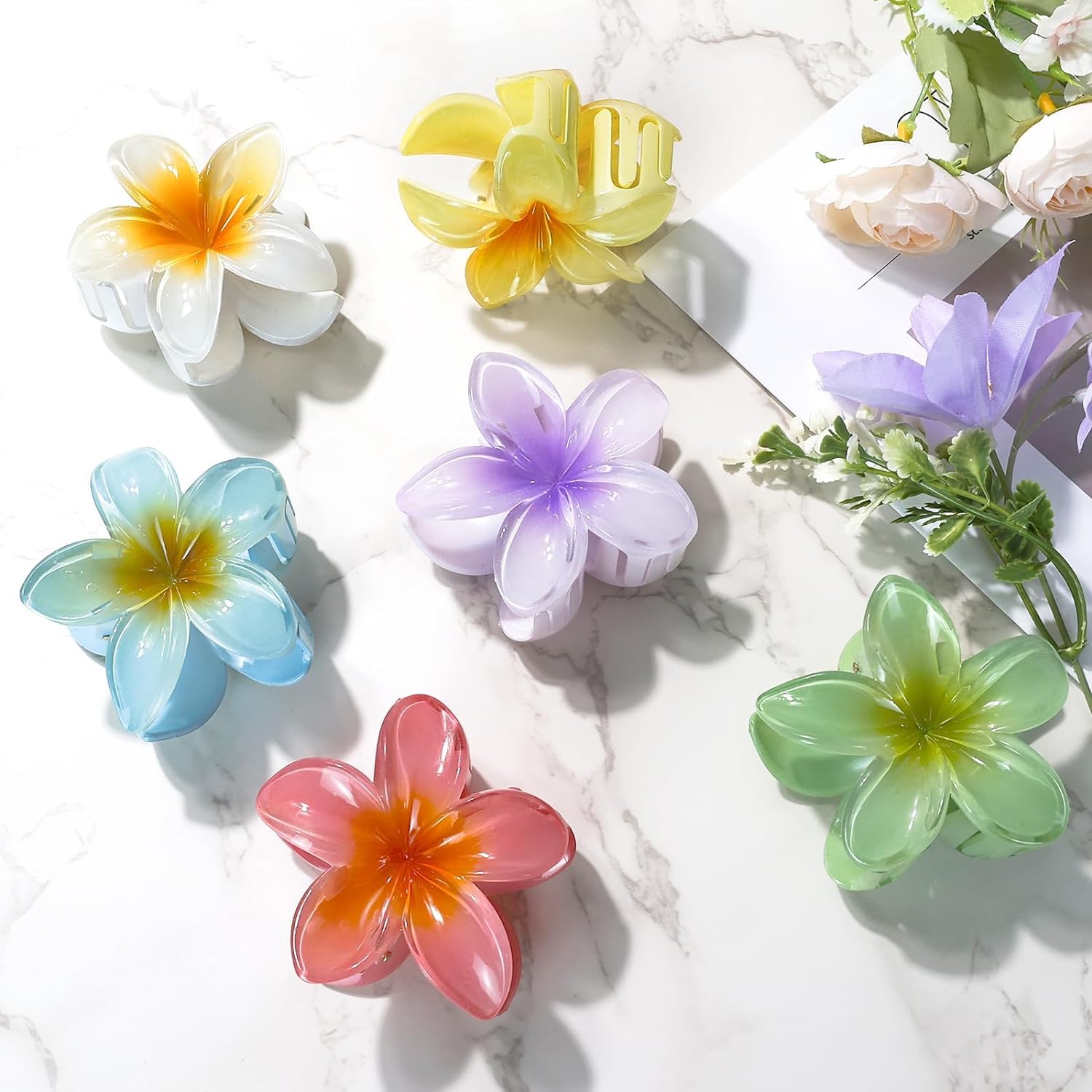 6 Pack Flower Claw Hair Clips for Women - Preppy Hawaiian Plumeria Hair Accessories for Thick & Thin Hair - Perfect for Teens, Beach, Summer & Everyday Styling