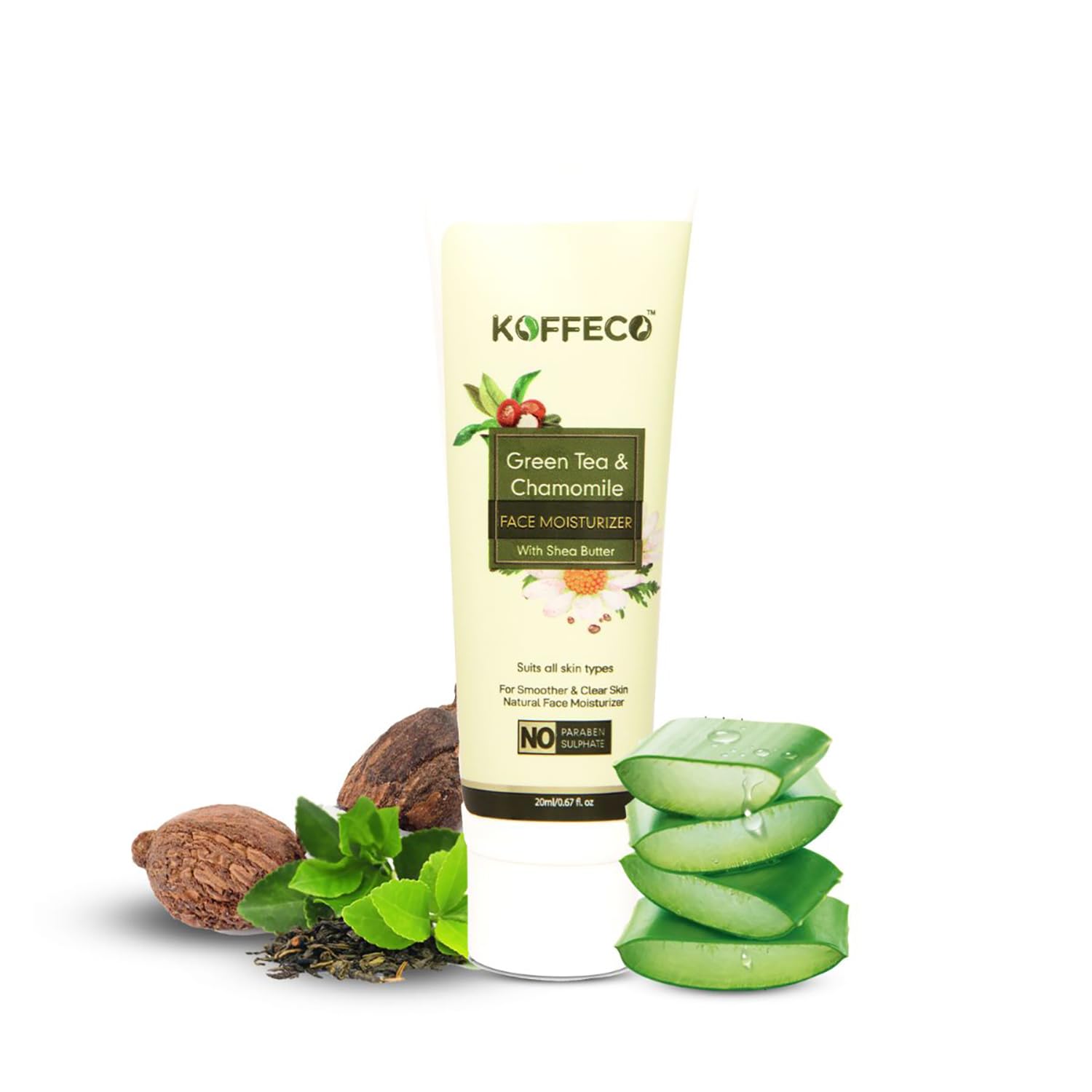 Koffeco 100 ML Green Tea & Chamomile Face Moisturizer for Acne Prone & Oily Skin - Hydrating Face Cream with Shea Butter for Women - Daily Skincare for Clear & Balanced Skin