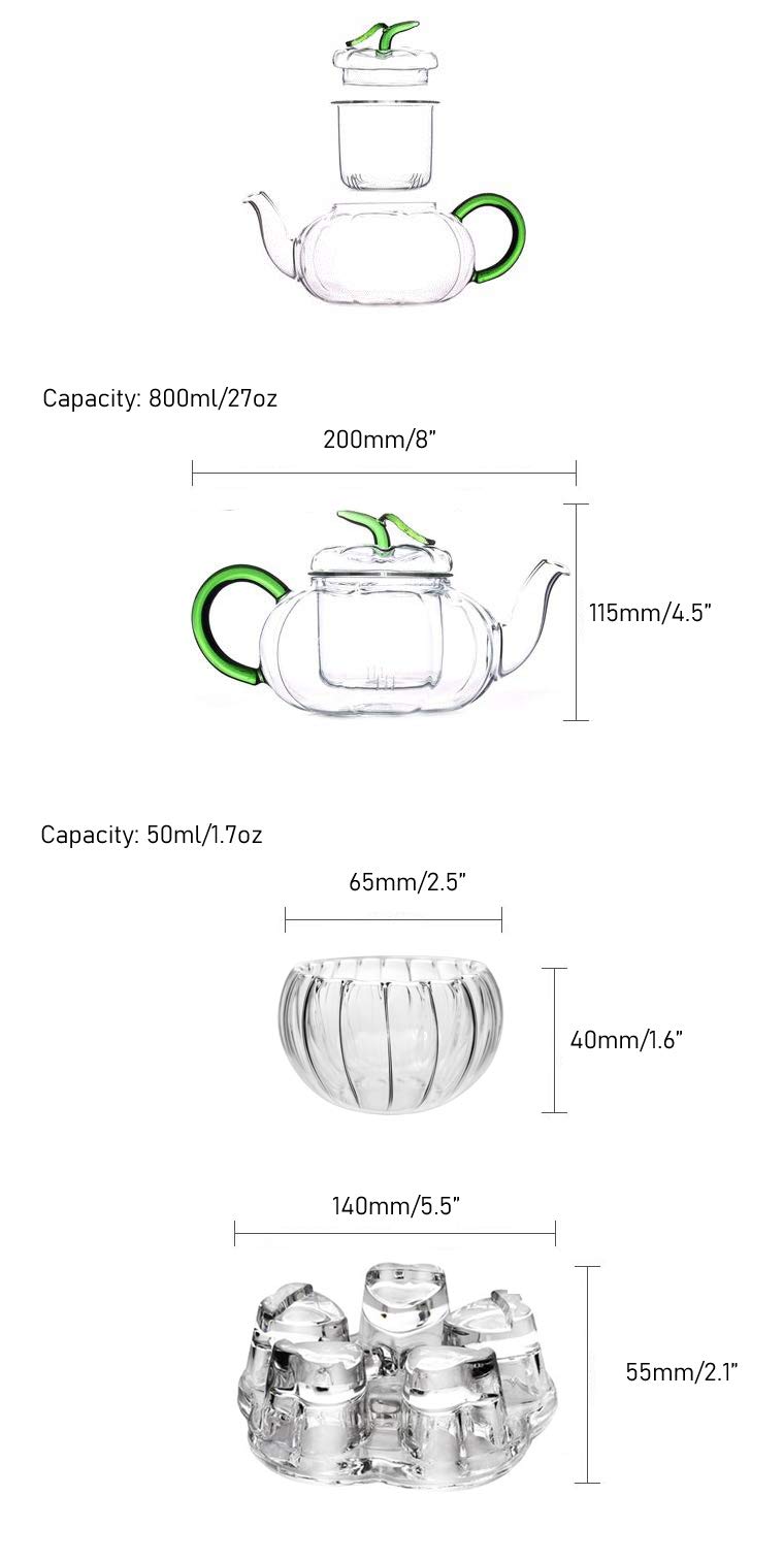 Premium Glass Tea Infuser with Warmer & Matching Cups - Green Pumpkin Design - Perfect for Loose Leaf Tea Brewing at Home, Office or Gifts for Tea Lovers